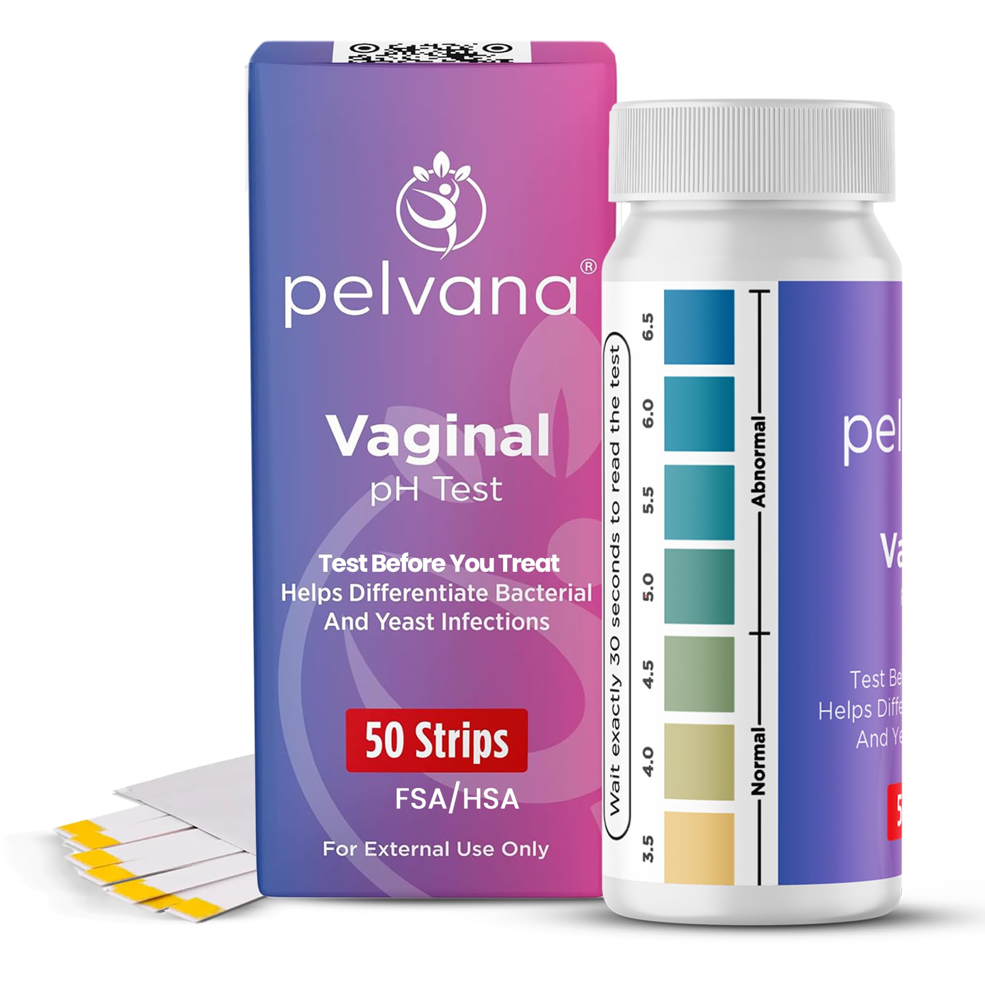 Pelvana vaginal pH test strips packaging for convenient at-home testing.