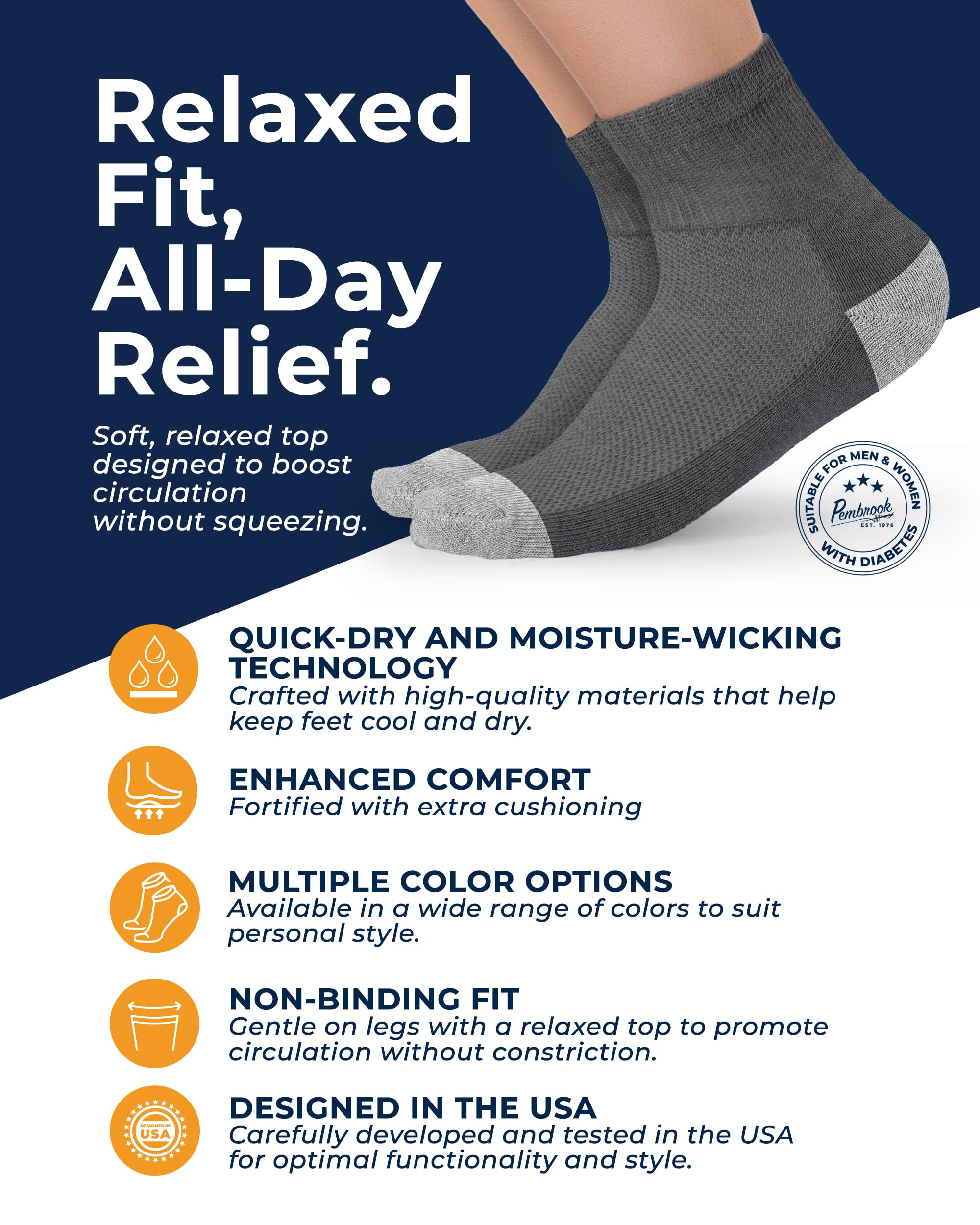 Pembrook ankle diabetic socks showing breathable mesh panels for dryness.