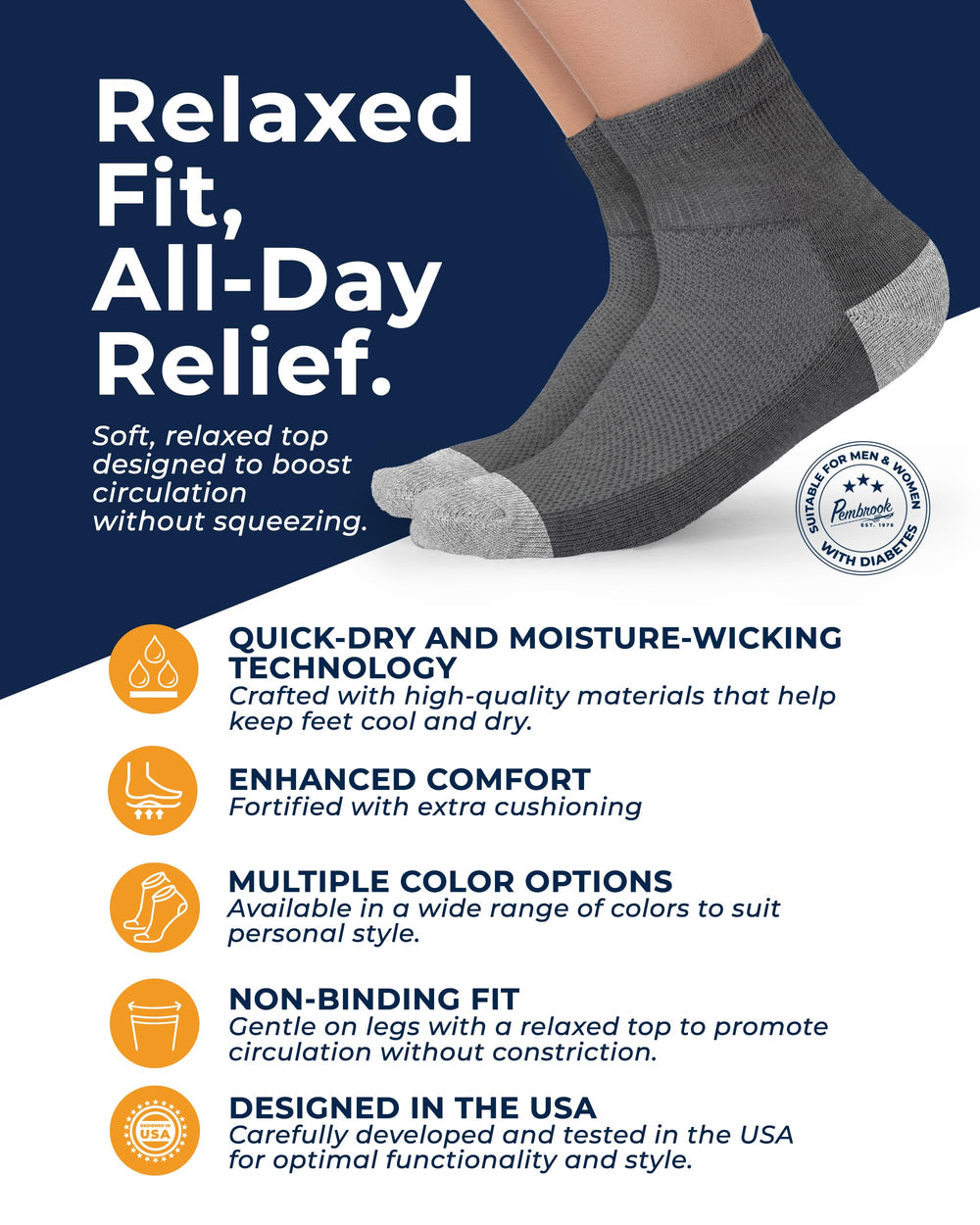Pembrook ankle diabetic socks showing breathable mesh panels for dryness.
