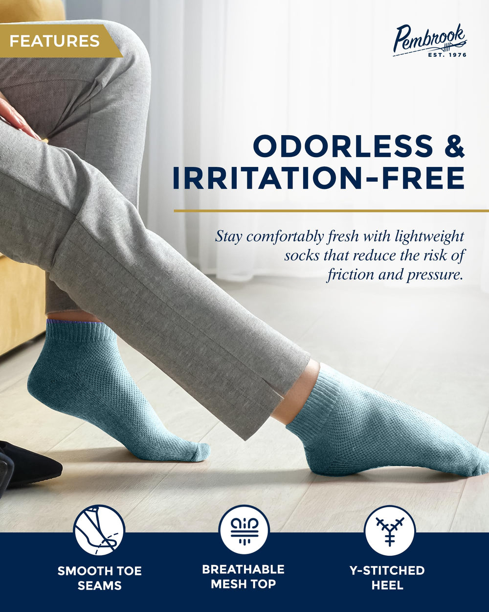 Pembrook Ankle Diabetic Socks in dark blue support relaxed feet during activity