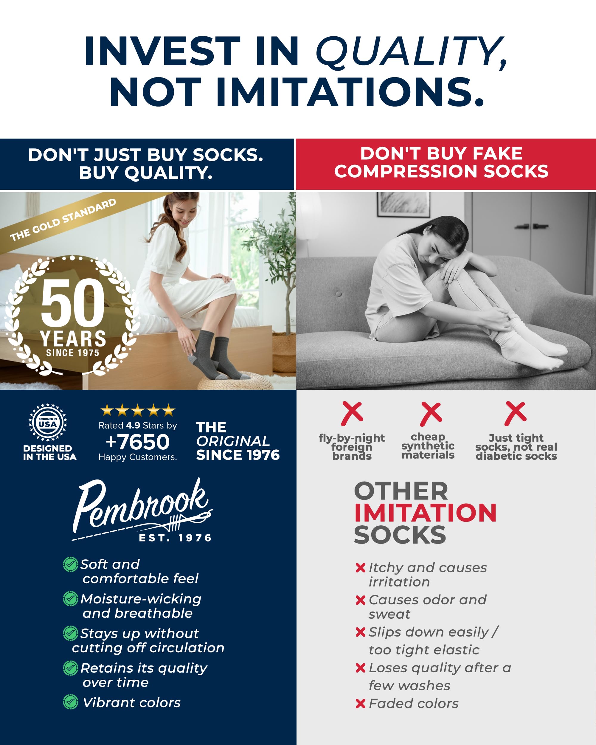 Pembrook ankle diabetic socks featuring a smooth toe seam to reduce irritation.