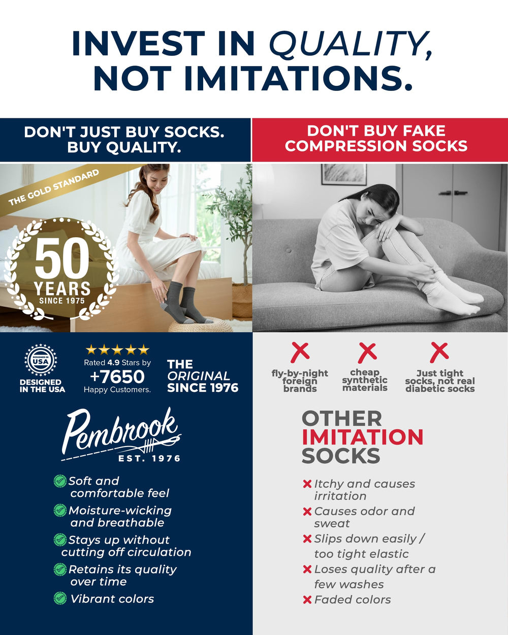 Pembrook ankle diabetic socks featuring a smooth toe seam to reduce irritation.