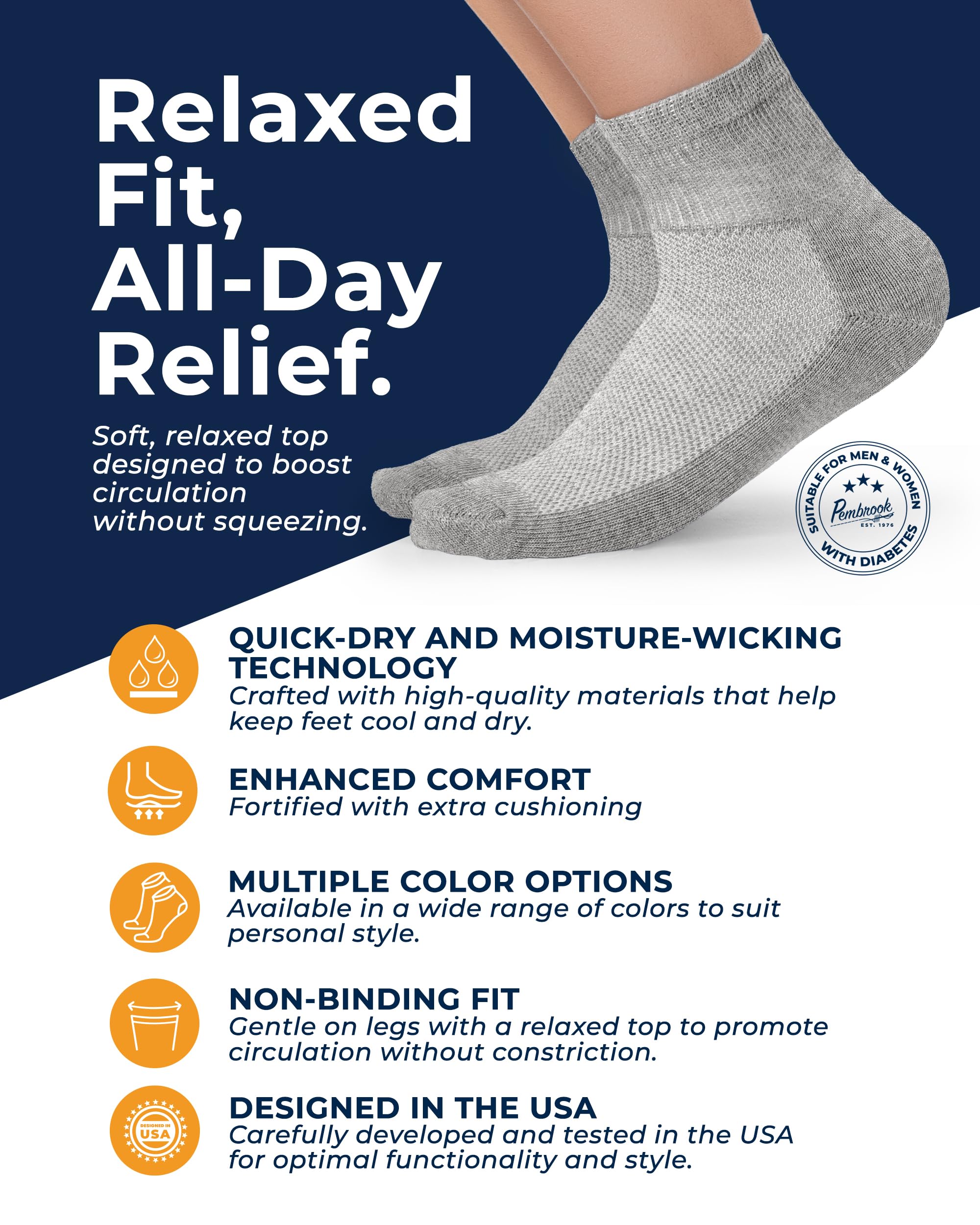 Pembrook ankle diabetic socks white pair with breathable design for daily wear.