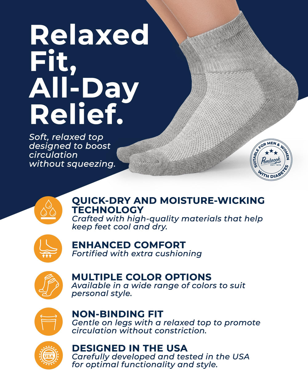 Pembrook ankle diabetic socks white pair with breathable design for daily wear.