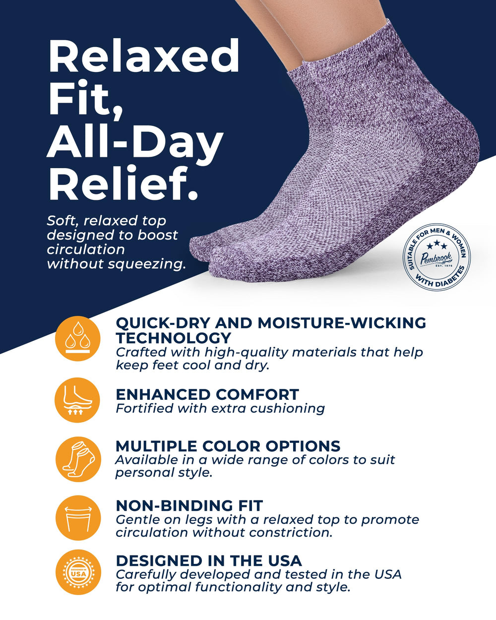 Pembrook ankle diabetic socks in white for breathable daily comfort.
