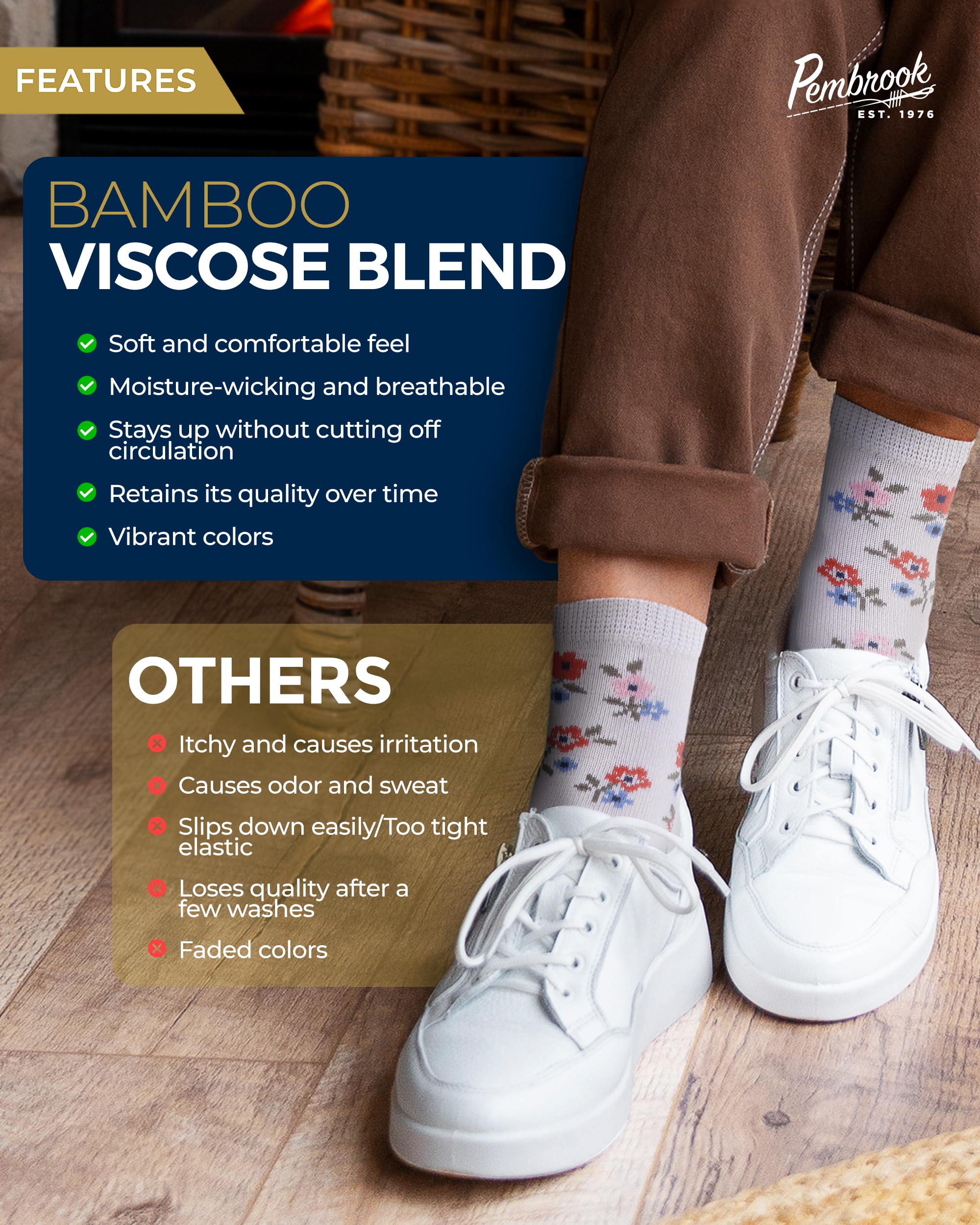Pembrook socks feature smooth toe seams to reduce irritation during wear.