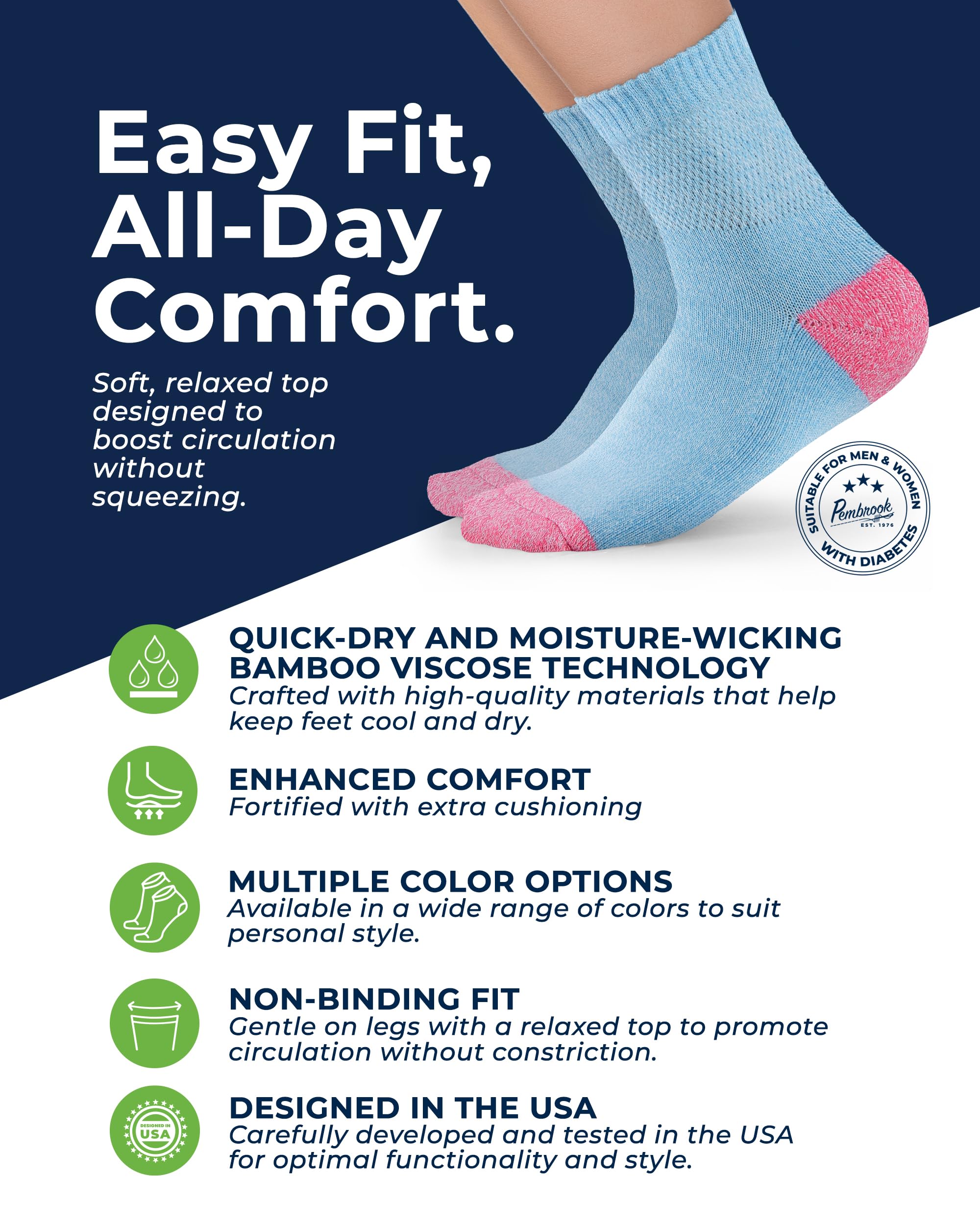 Pembrook Bamboo Diabetic Socks – breathable moisture-wicking fabric keeps feet dry.