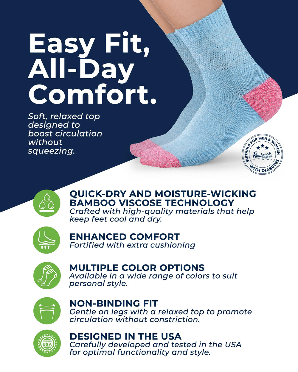 Pembrook Bamboo Diabetic Socks – breathable moisture-wicking fabric keeps feet dry.