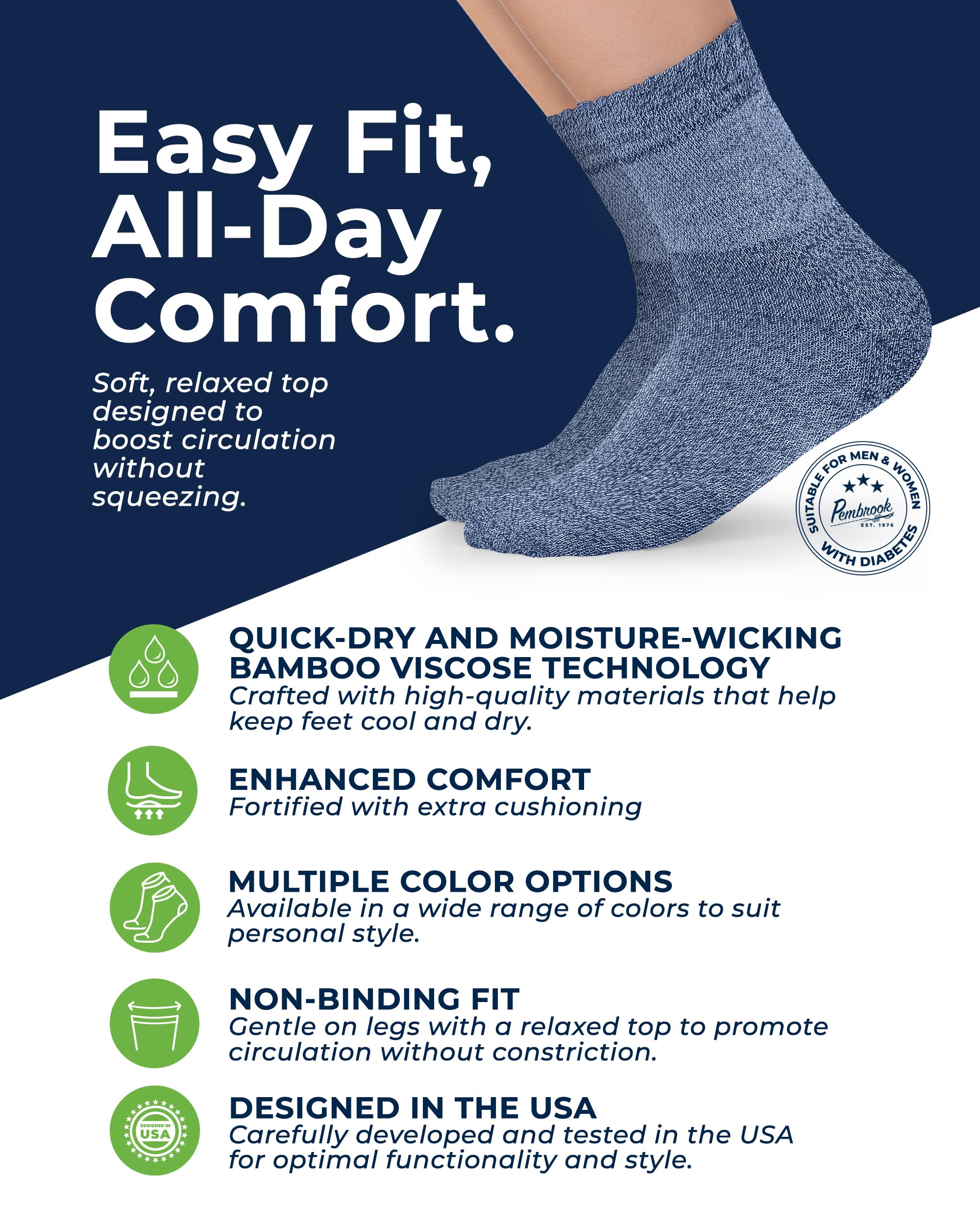 Pembrook bamboo diabetic socks pack side view highlighting seamless design for comfortable wear
