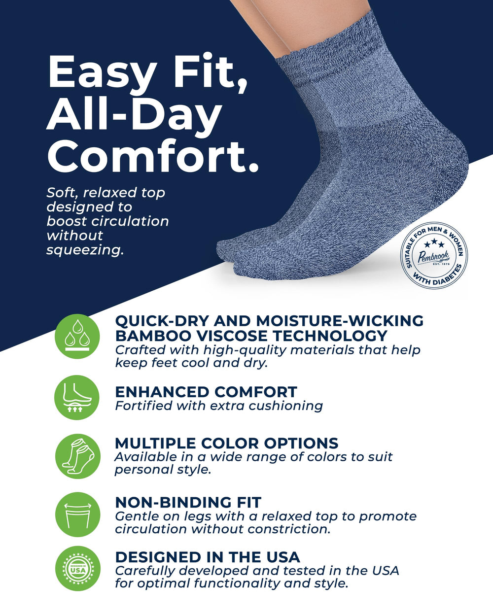 Pembrook bamboo diabetic socks pack side view highlighting seamless design for comfortable wear