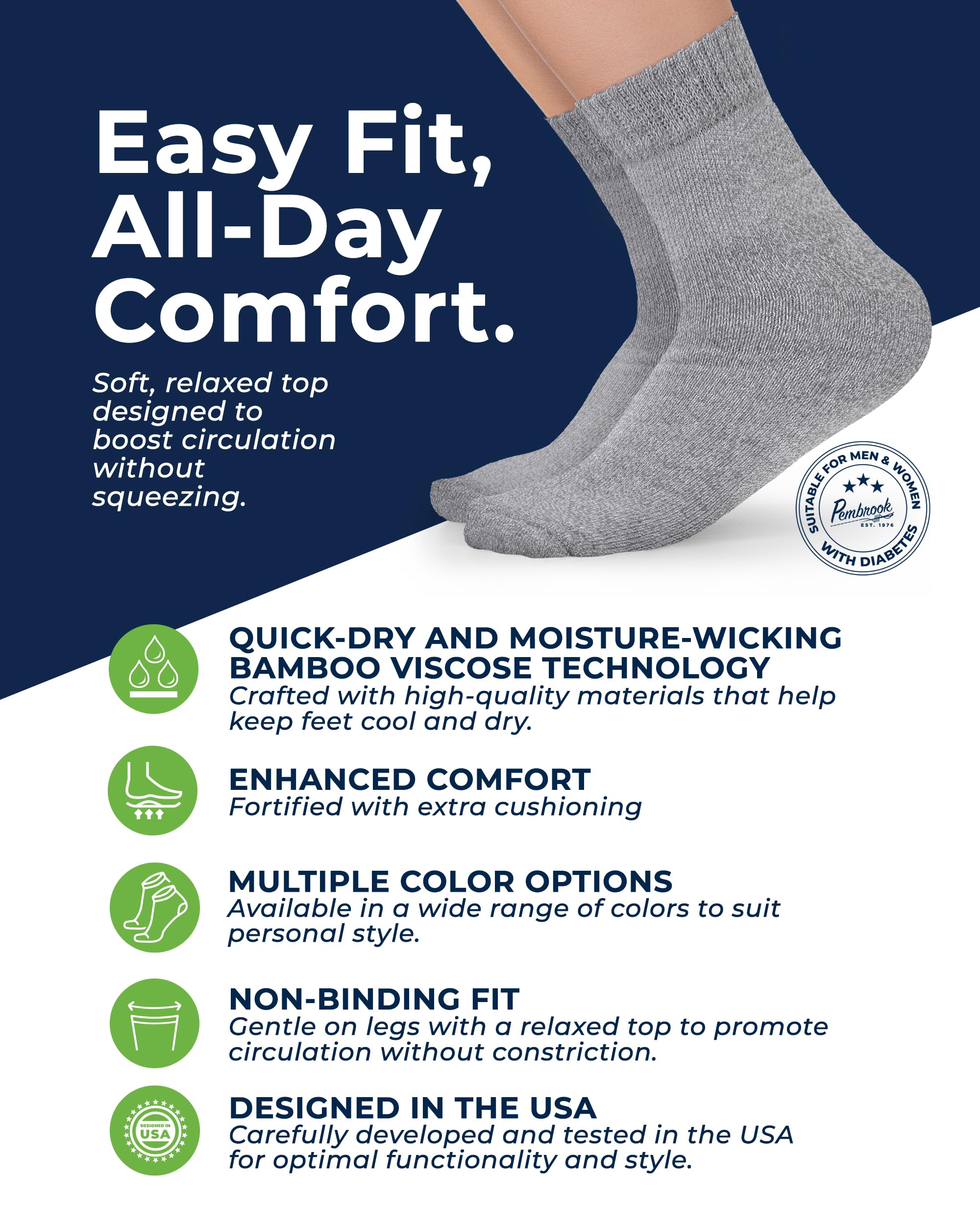 Pembrook bamboo diabetic socks stretch-top design for secure non-binding wear