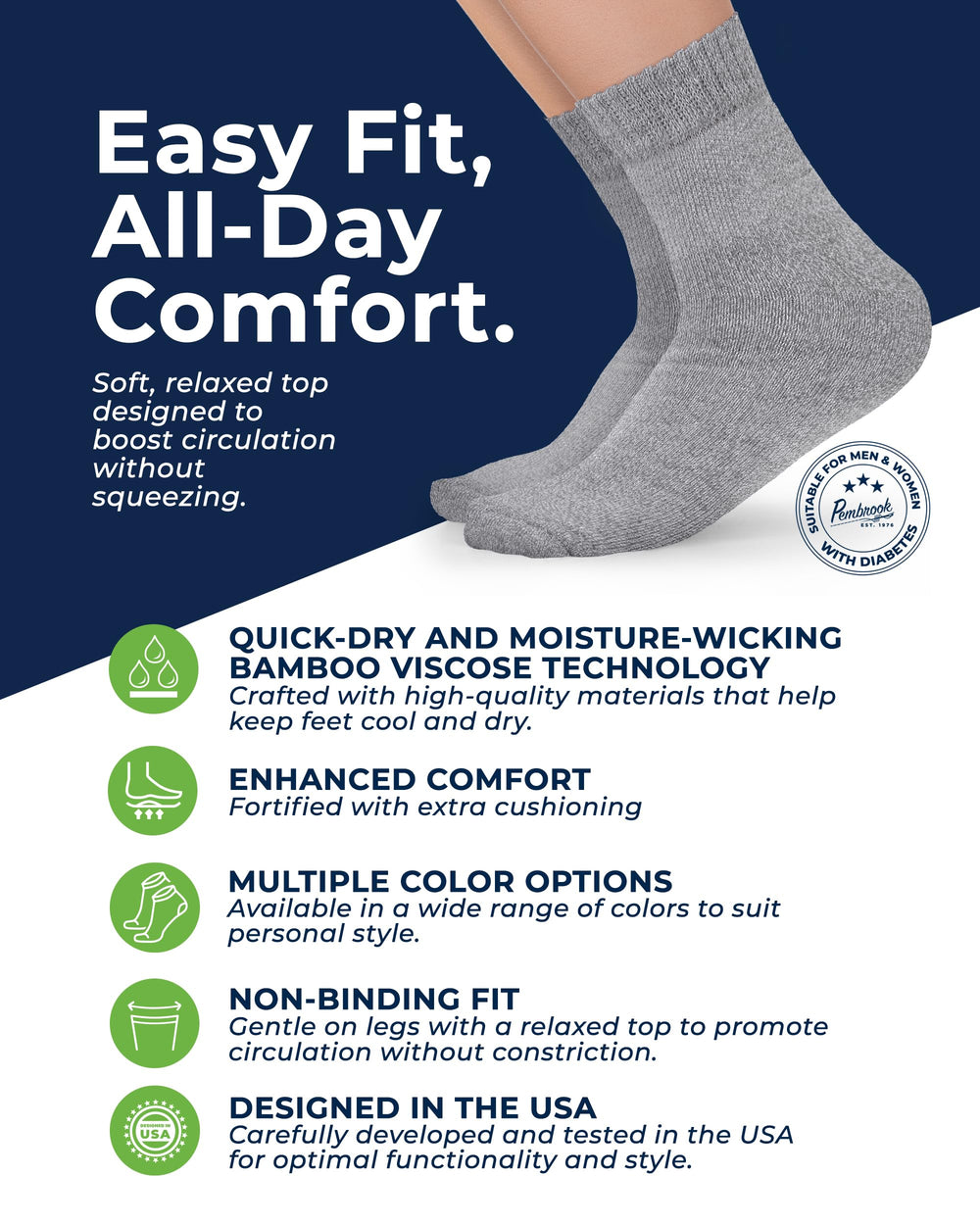 Pembrook bamboo diabetic socks stretch-top design for secure non-binding wear
