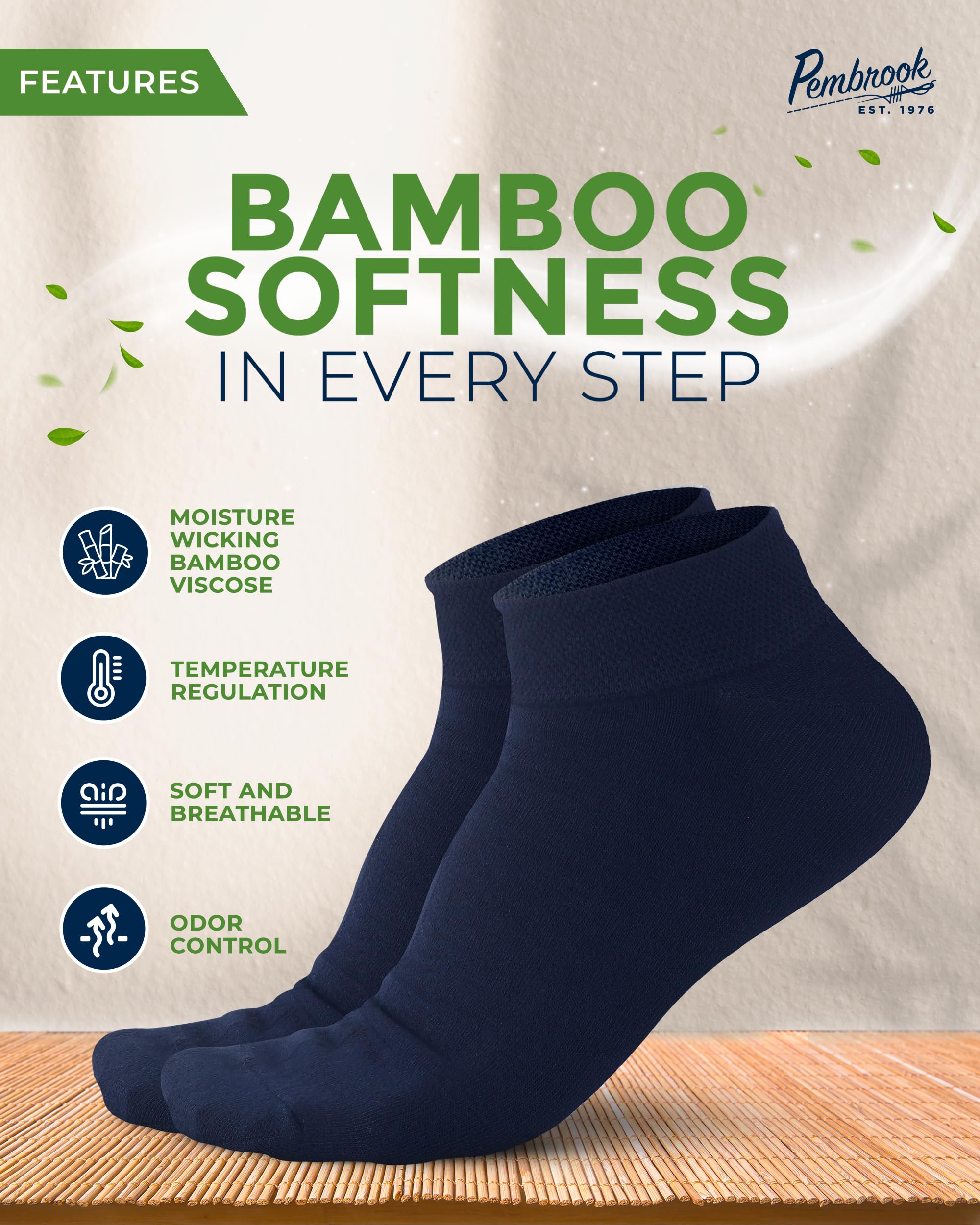 Pembrook Bamboo Viscose Ankle Socks moisture-wicking for dry feet during activity.