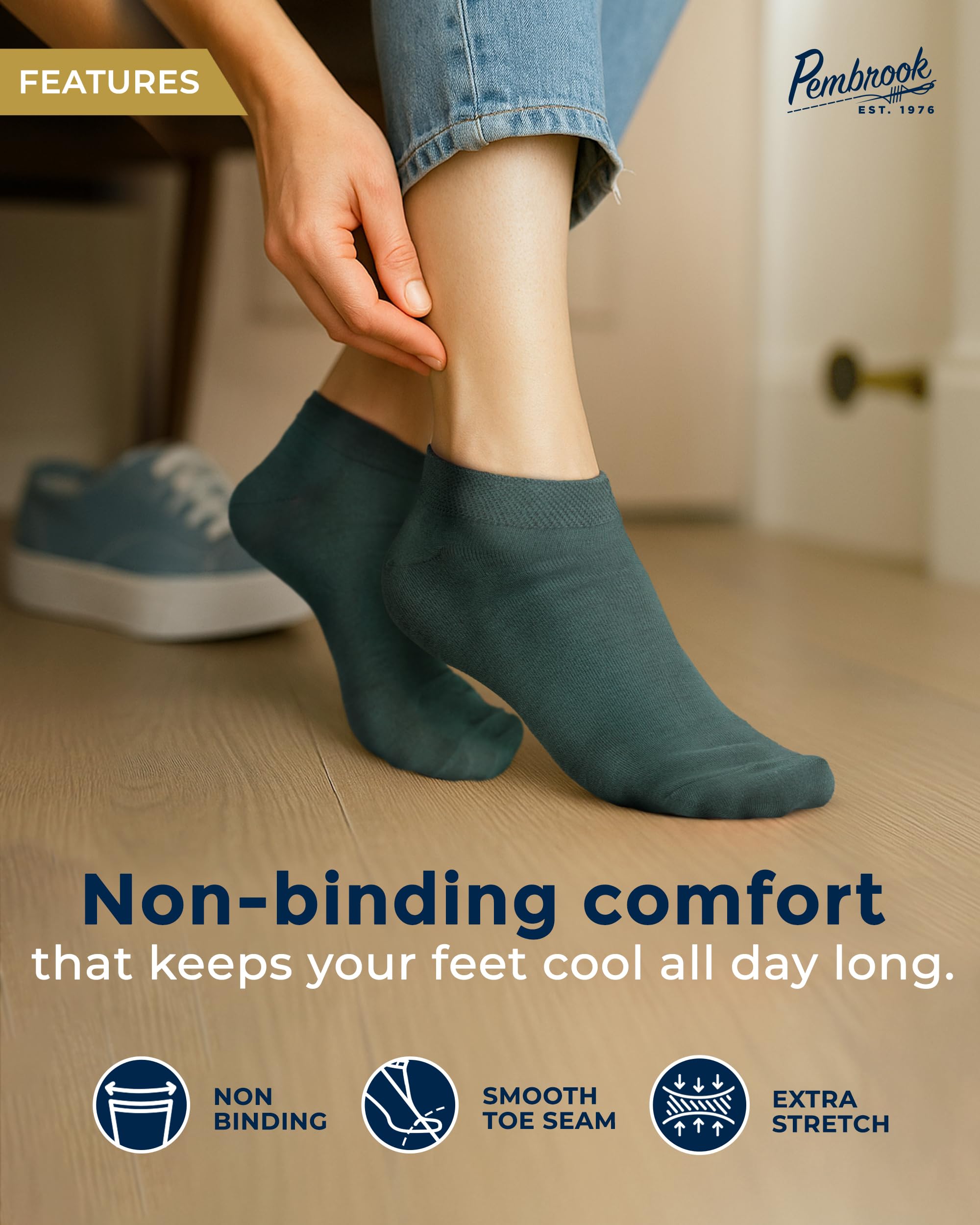 Pembrook Bamboo Viscose Ankle Socks non-binding fit supports everyday wear.