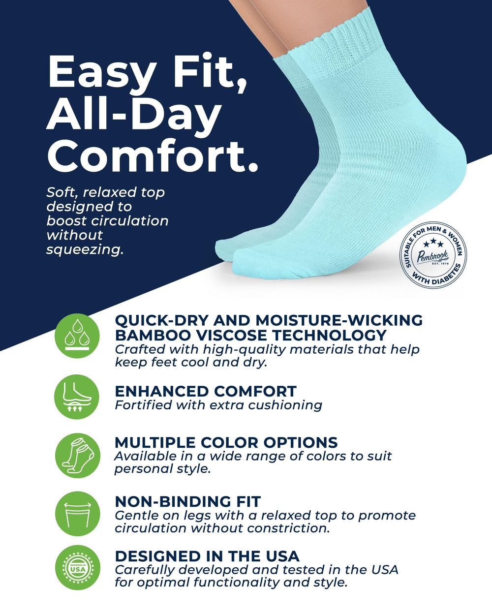 Pembrook diabetic socks for men with non-binding top and moisture-wicking feet