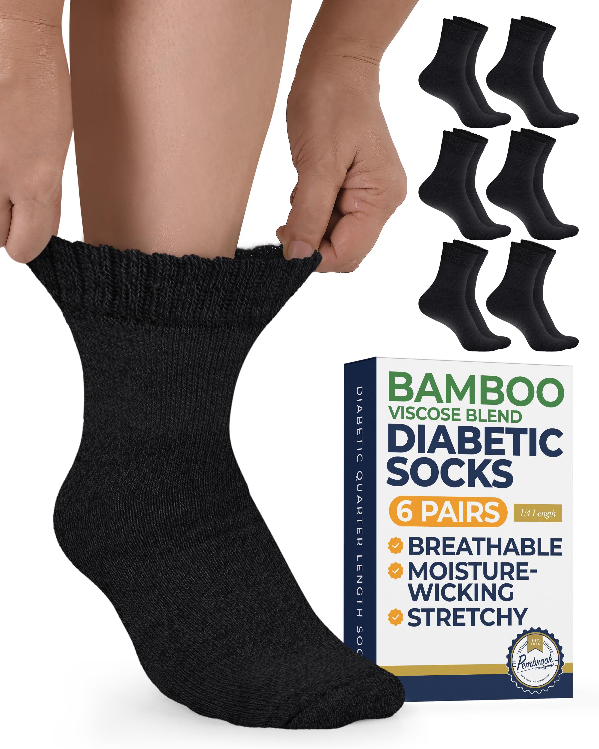 Pembrook bamboo viscose diabetic socks with seamless top for swollen feet, comfortable all day.