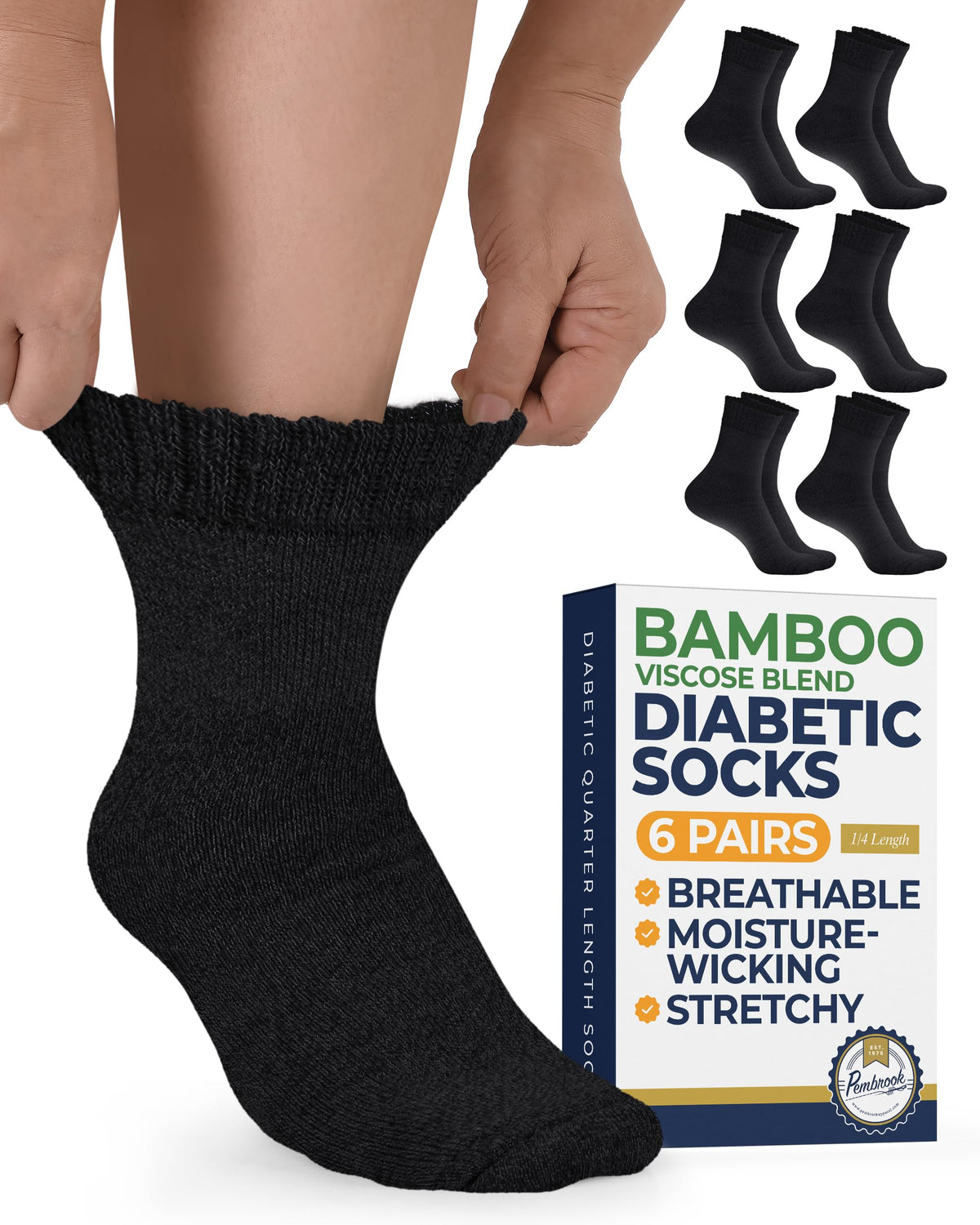 Pembrook bamboo viscose diabetic socks with seamless top for swollen feet, comfortable all day.