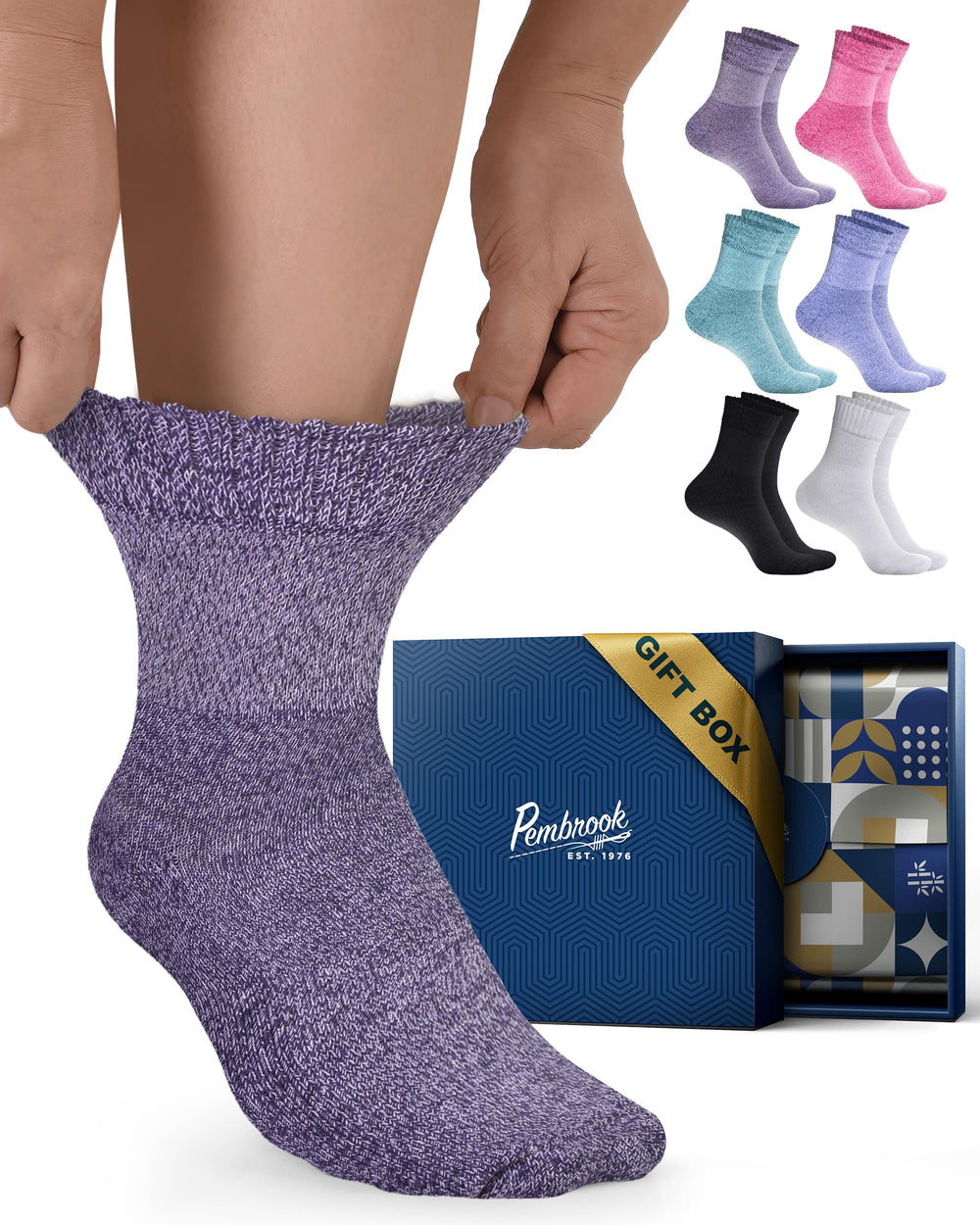 Pembrook bamboo viscose diabetic socks box front view for gifting and everyday comfort.