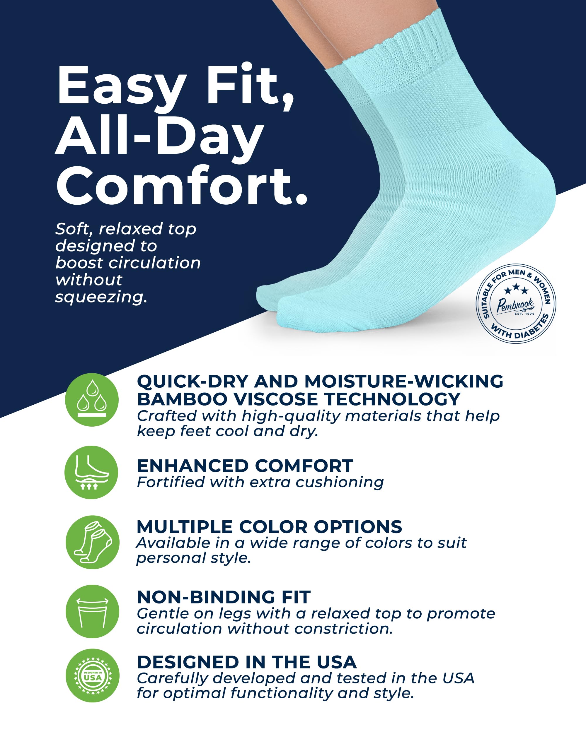 Pembrook diabetic socks with breathable ankle area for cool feet