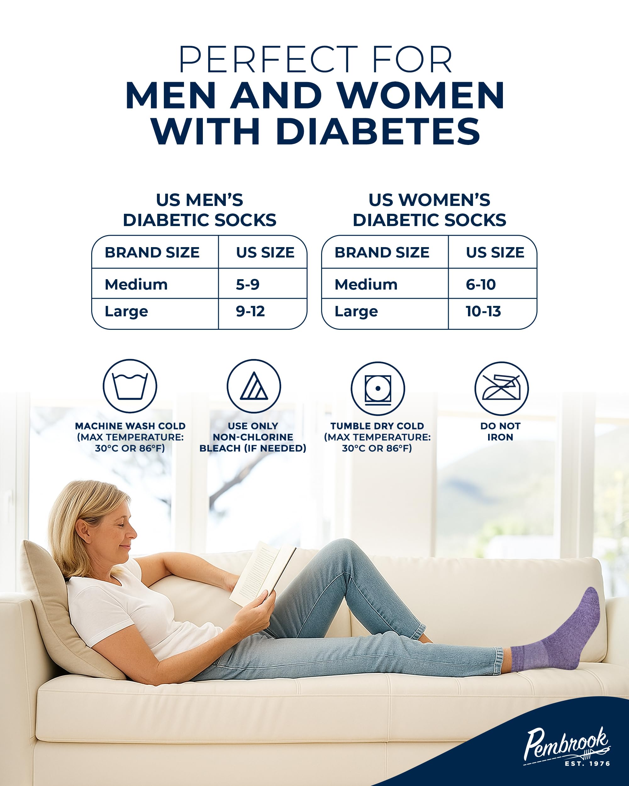 Pembrook Bamboo Viscose Diabetic Socks multi-size chart illustrating versatile sizing