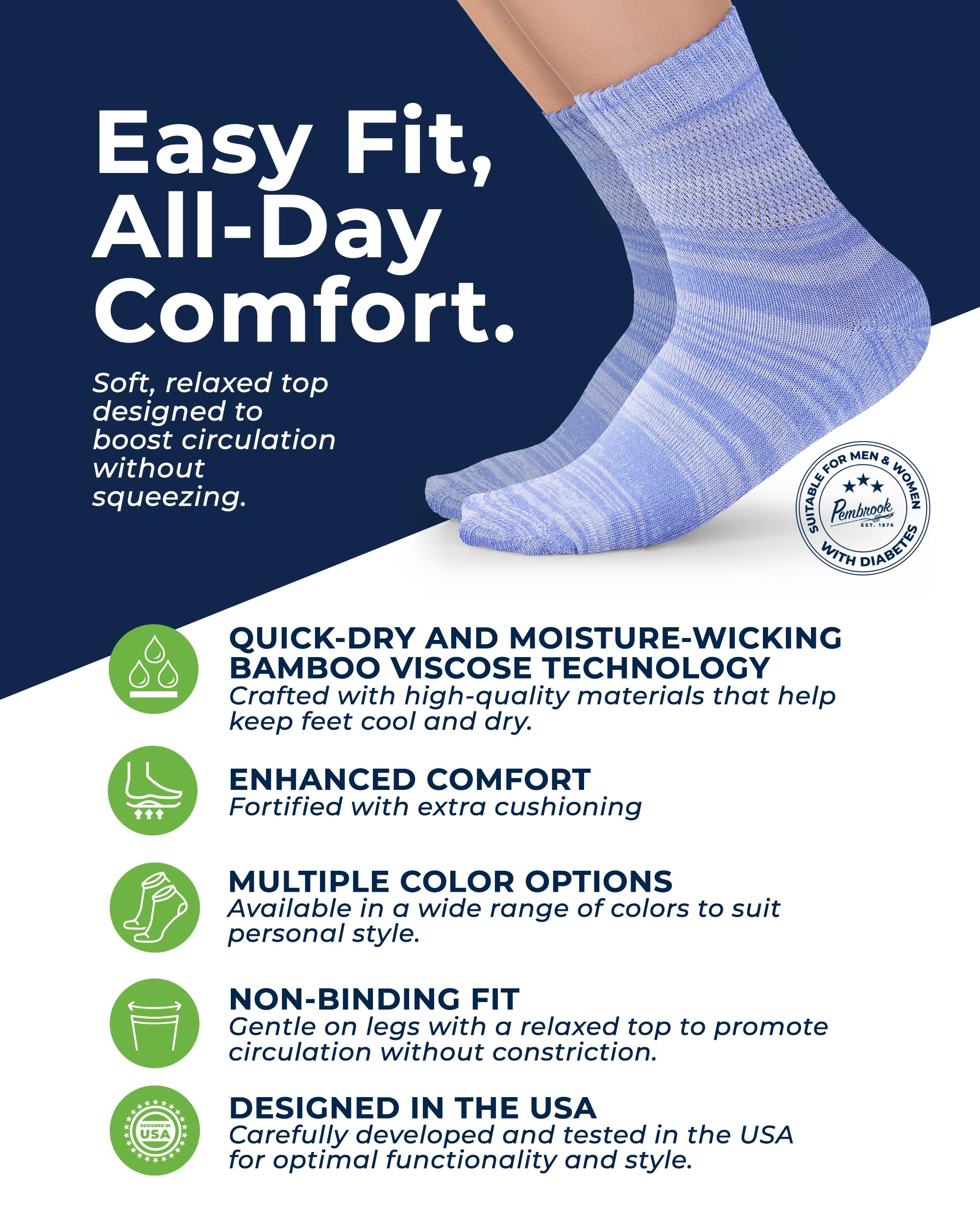 Pembrook diabetic sock seamless toe close-up showing non-binding fit