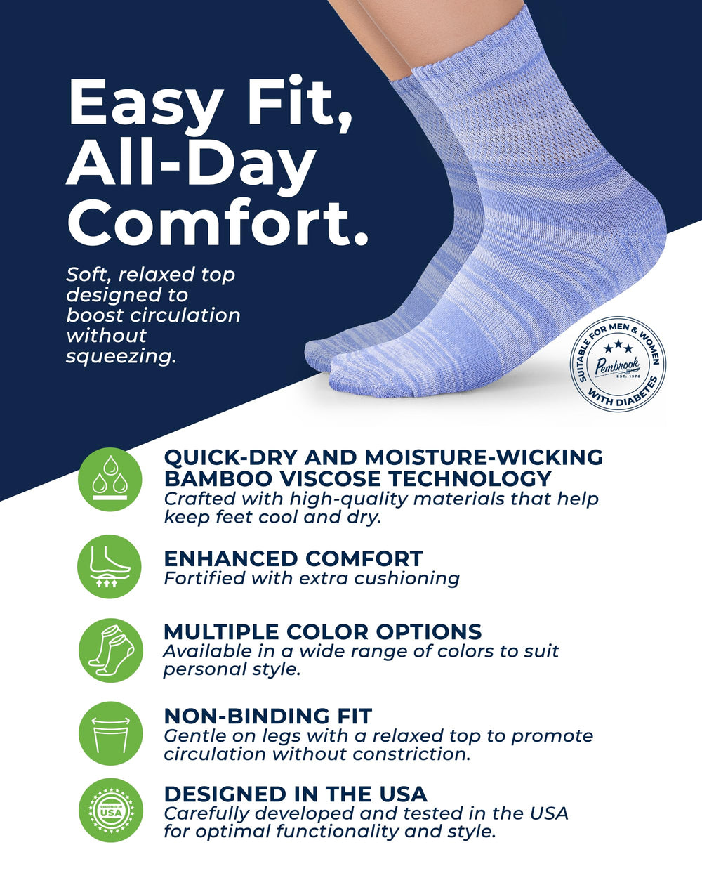 Pembrook diabetic sock seamless toe close-up showing non-binding fit