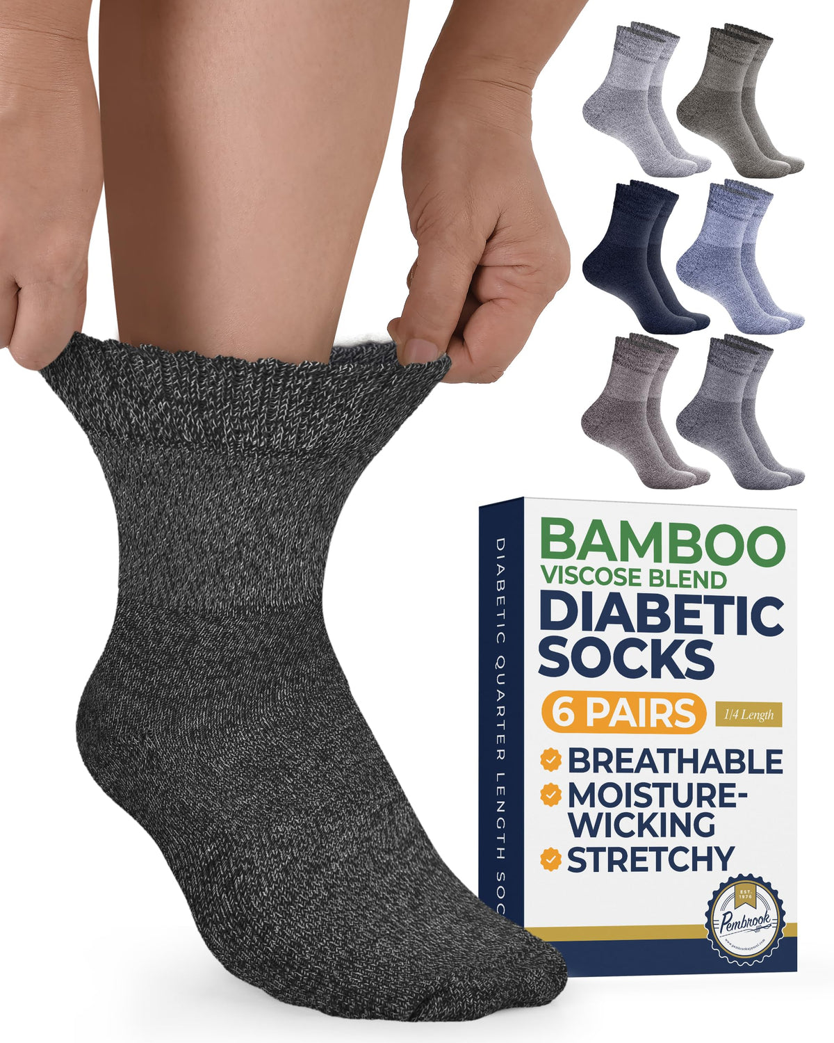 Pembrook Bamboo Viscose Diabetic Socks pack shown for all-day comfort.