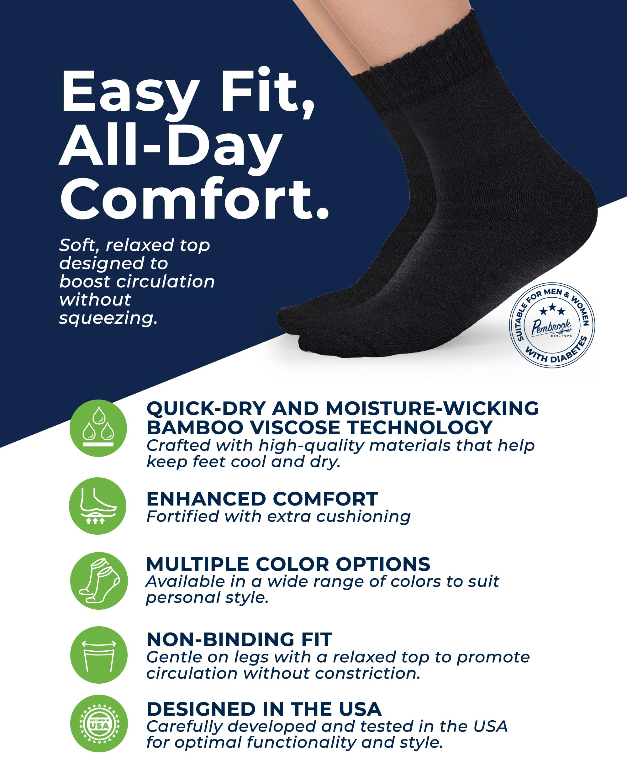 Pembrook bamboo viscose diabetic socks shown on foot with stretch top for a relaxed fit.
