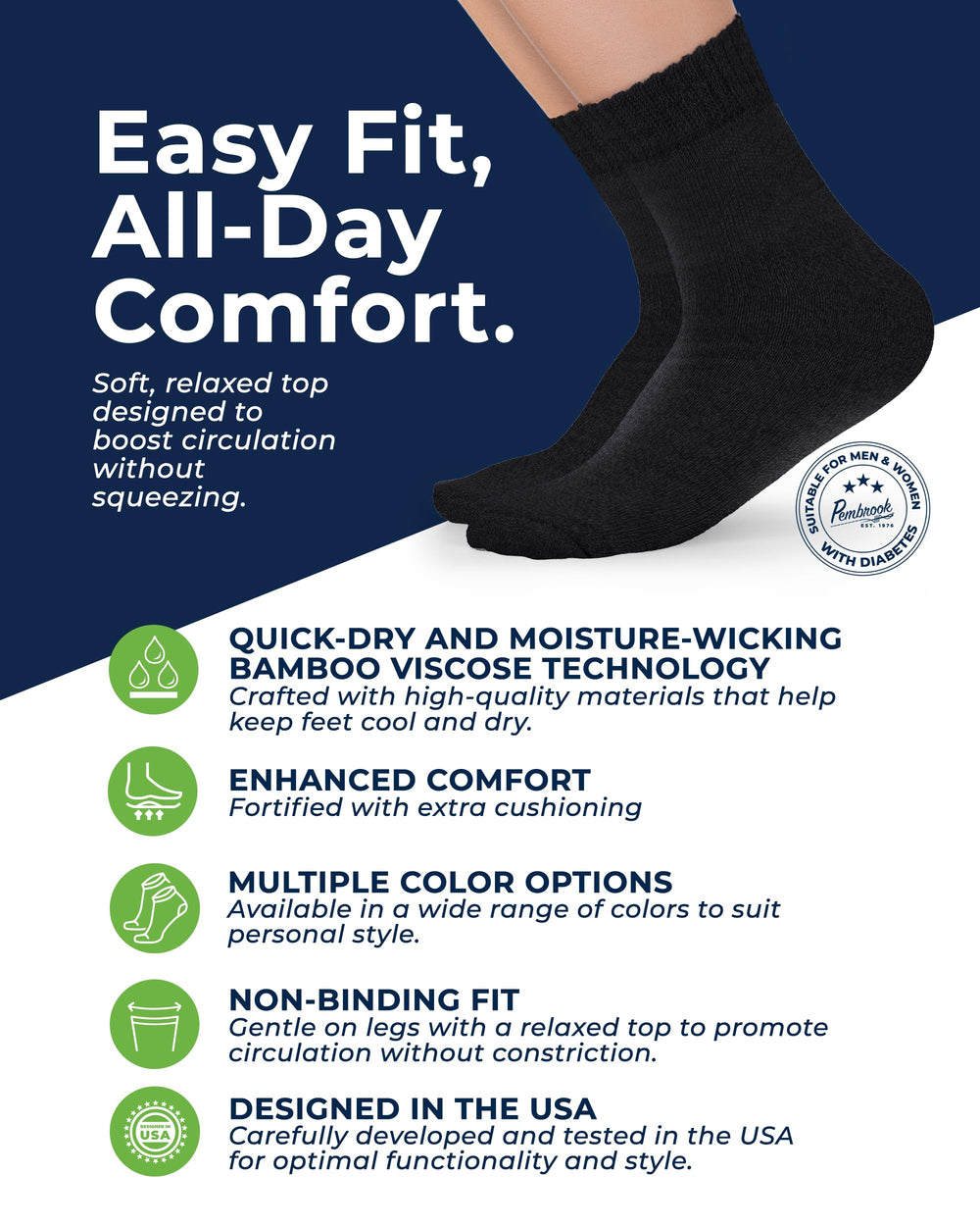 Pembrook bamboo viscose diabetic socks shown on foot with stretch top for a relaxed fit.