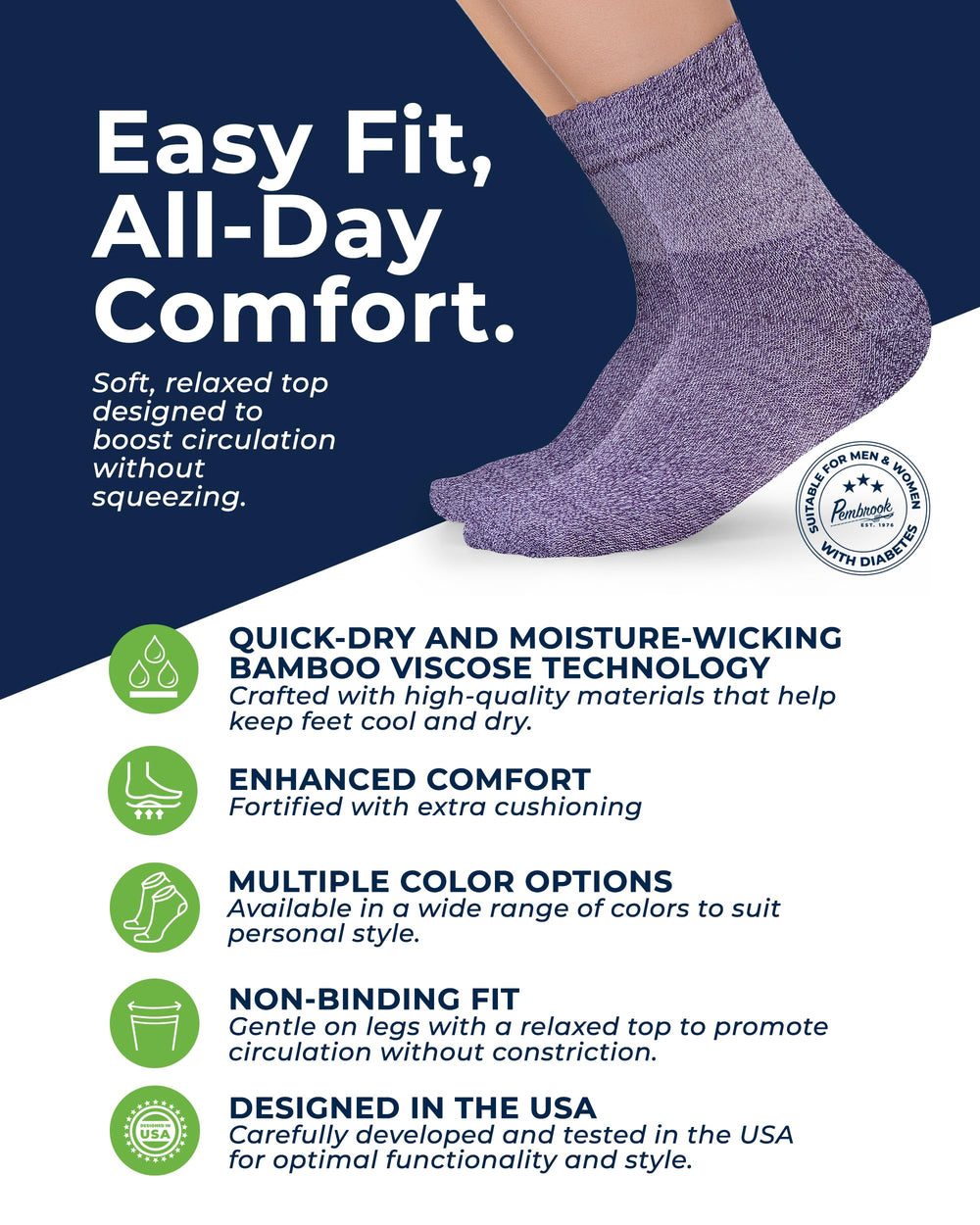 Pembrook Bamboo Viscose Diabetic Socks top band detail showing unrestricted fit for edema