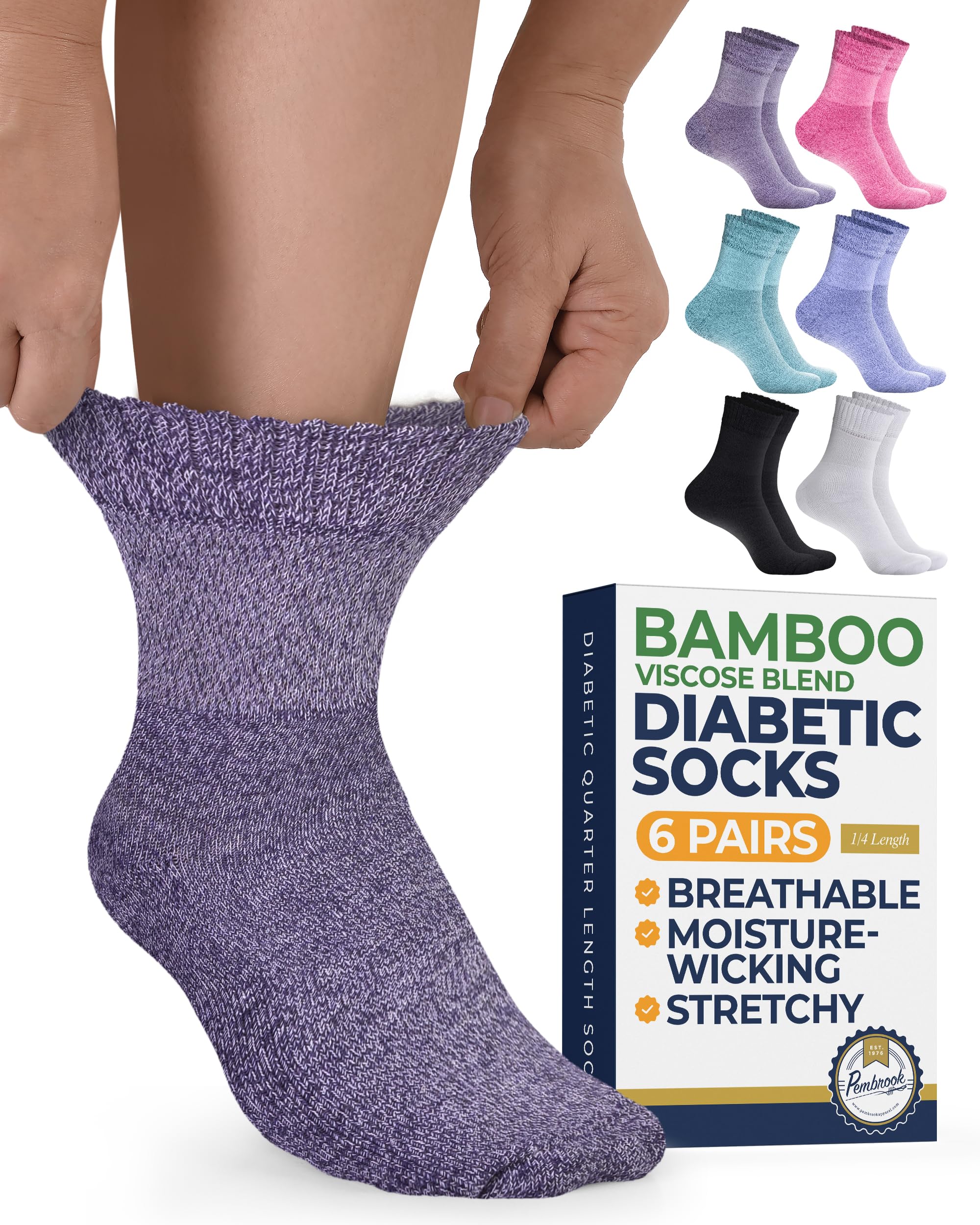 Pembrook bamboo viscose diabetic socks for women and men – ankle-length, six-pair set.