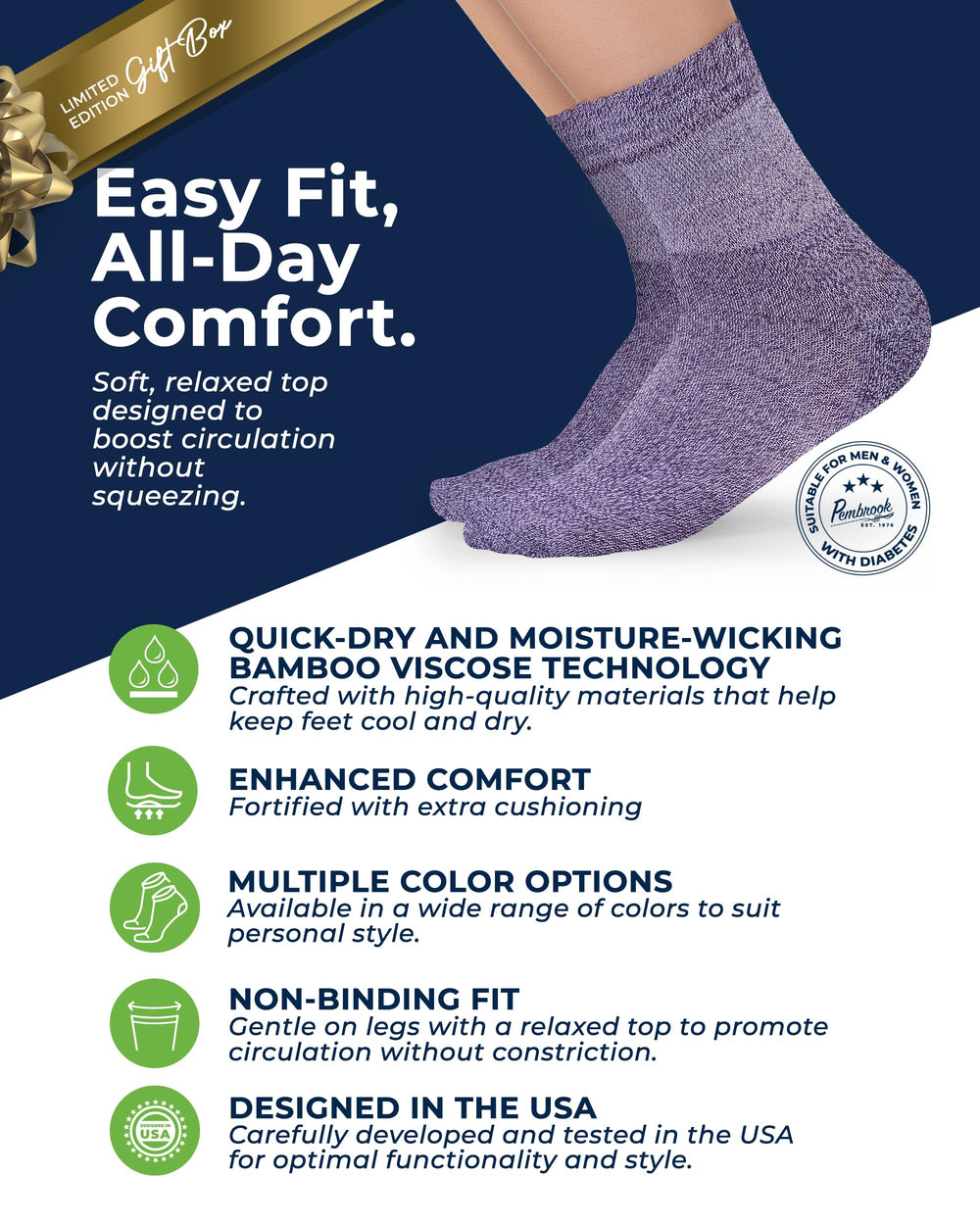 Pembrook bamboo viscose diabetic socks worn by a woman for all-day comfort and edema care.