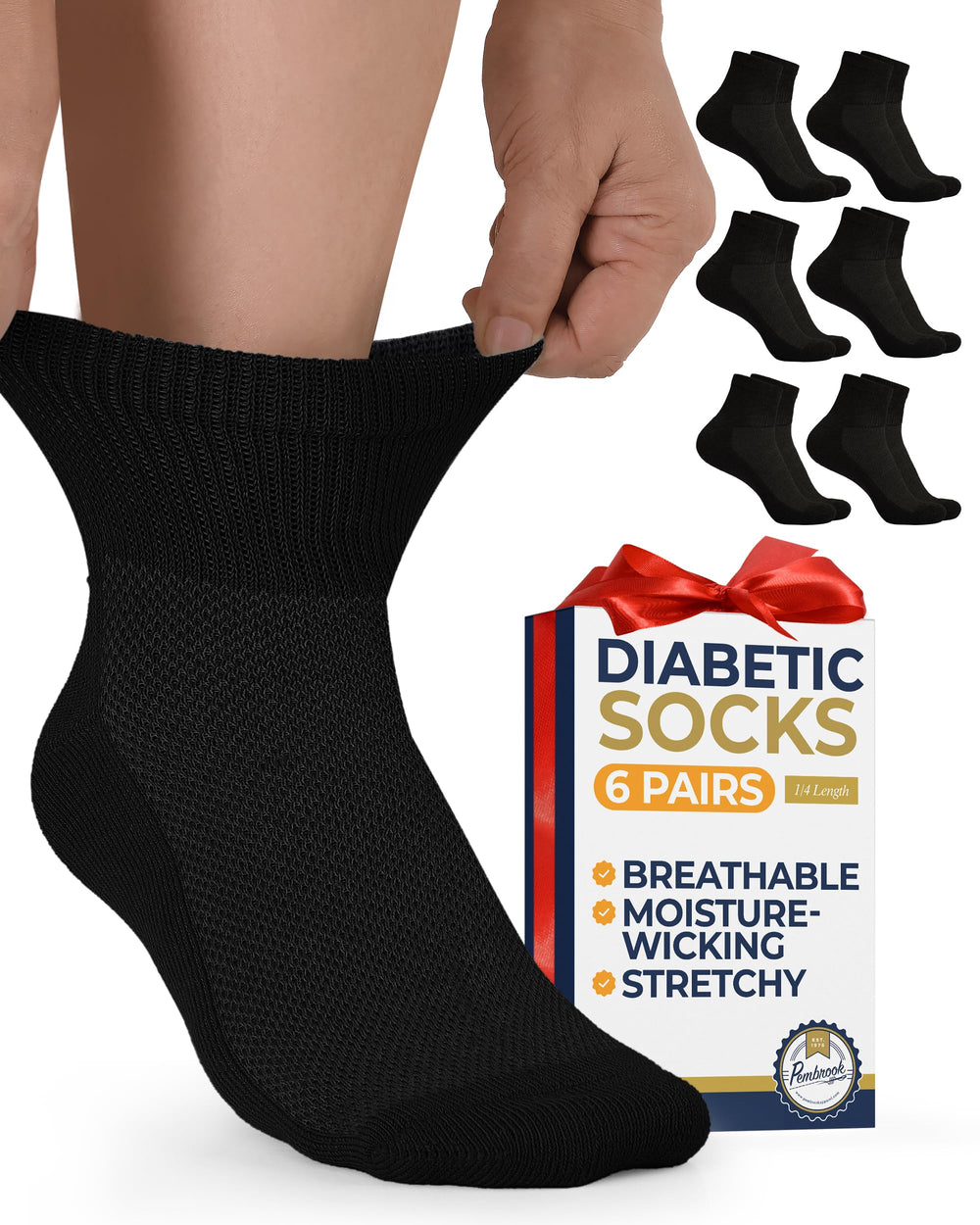 Pembrook black diabetic socks with ankle stretch top for a comfortable, secure fit.