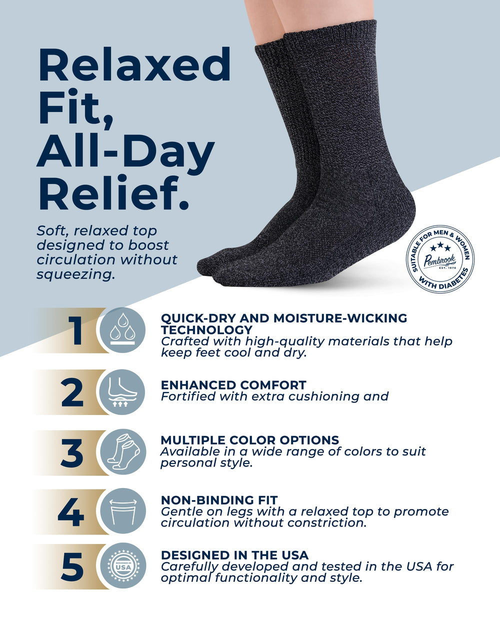 Pembrook men's diabetic socks in sizes 9-12 and 12-15 with non-binding stretch