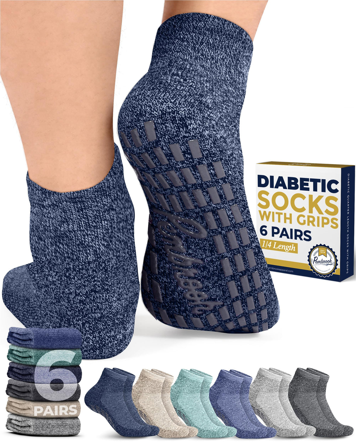 Pembrook diabetic ankle socks with grips for secure traction during daily activities.