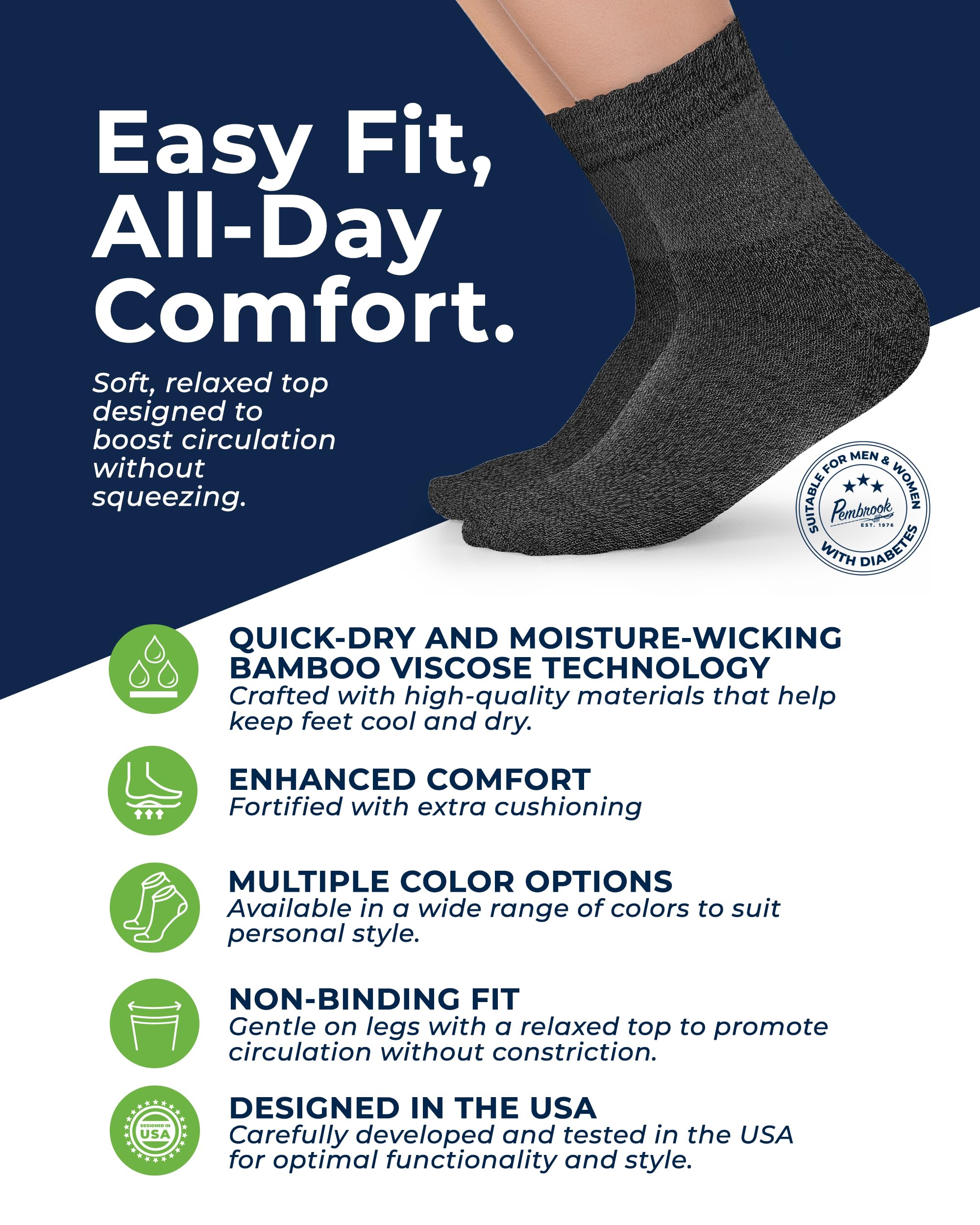 Pembrook Diabetic Socks ankle-length with comfortable fit for swollen feet.