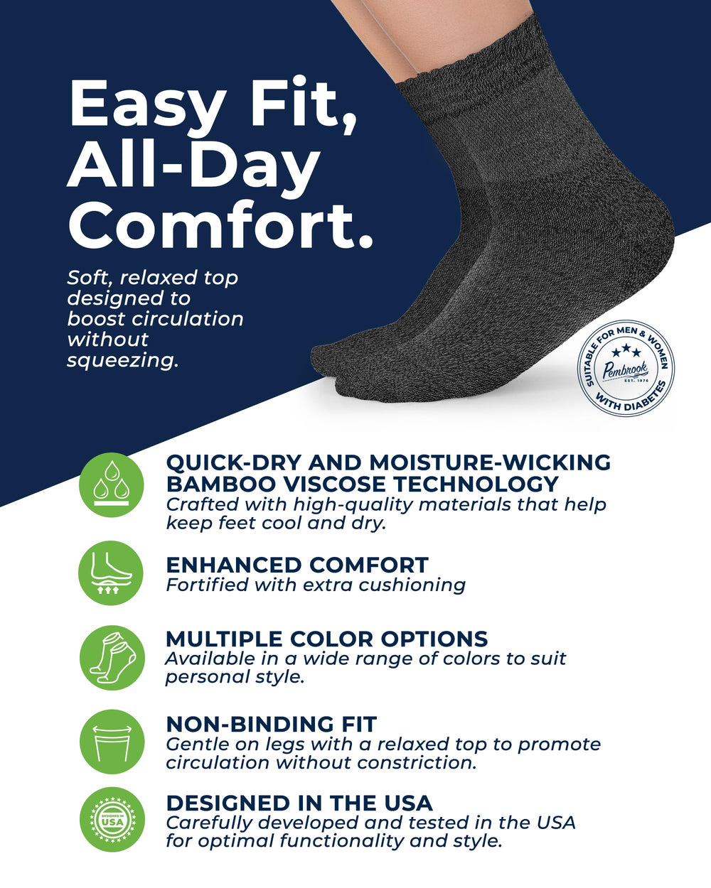 Pembrook Diabetic Socks ankle-length with comfortable fit for swollen feet.