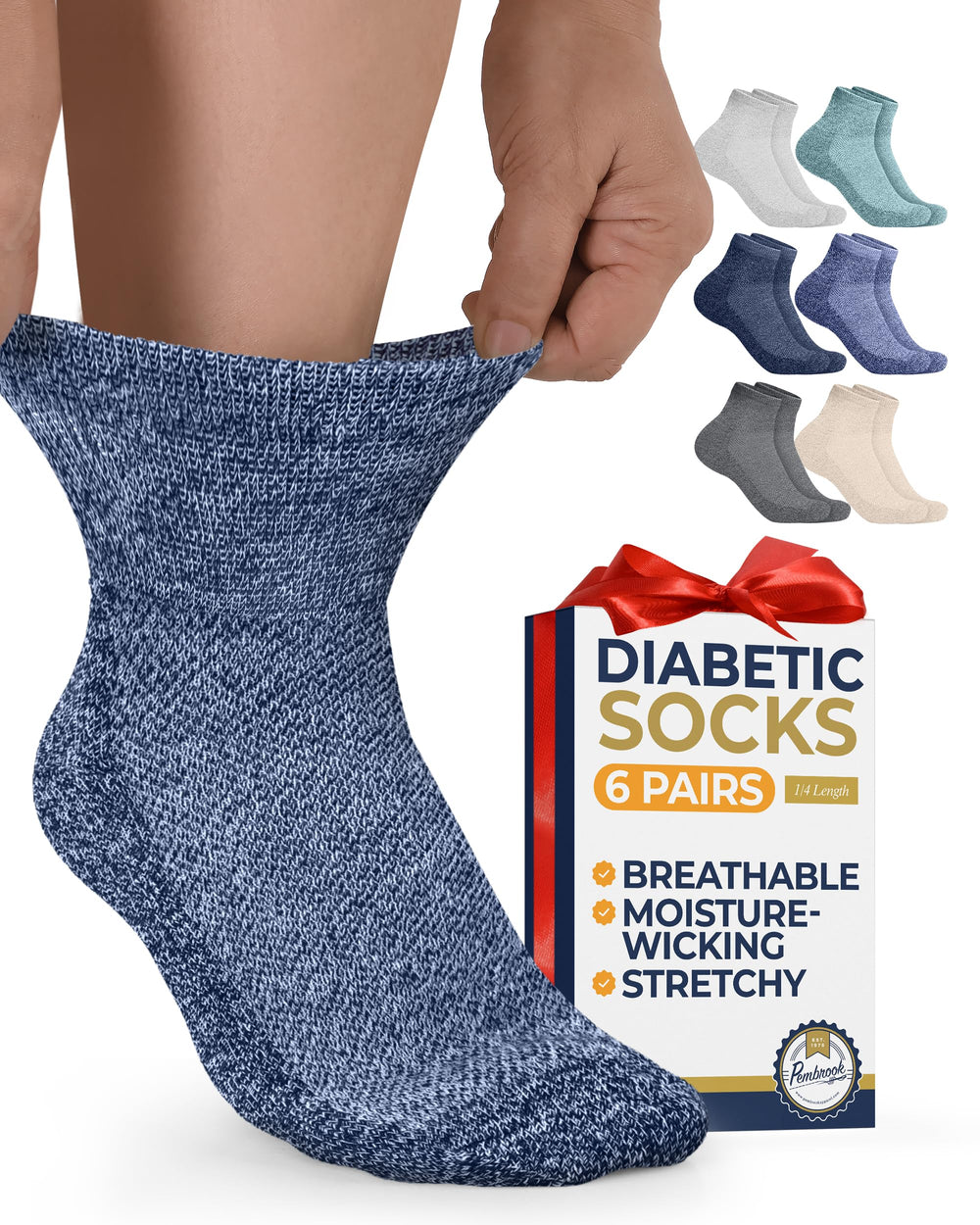 Pembrook diabetic ankle socks, quarter-length design, breathable and comfortable for daily wear.