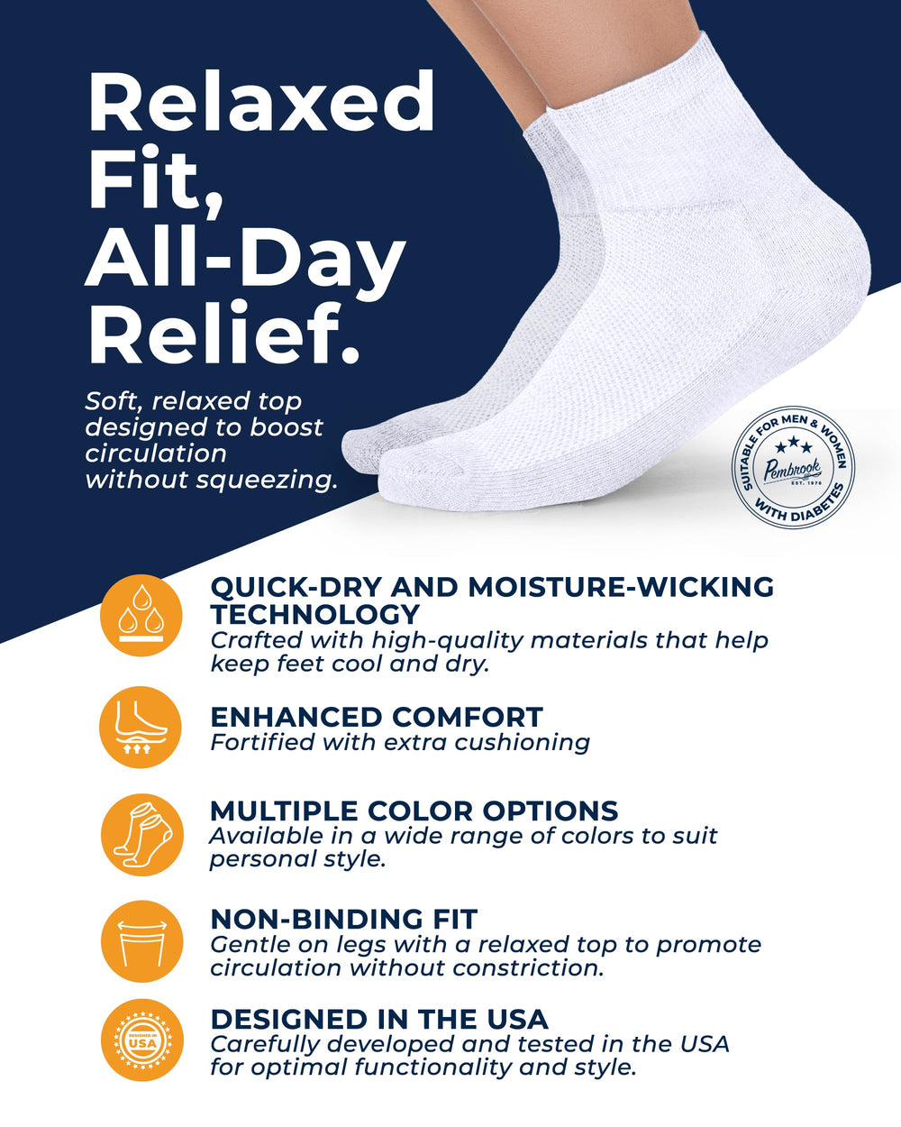 Pembrook diabetic socks close-up showing breathable mesh top for cooler feet.