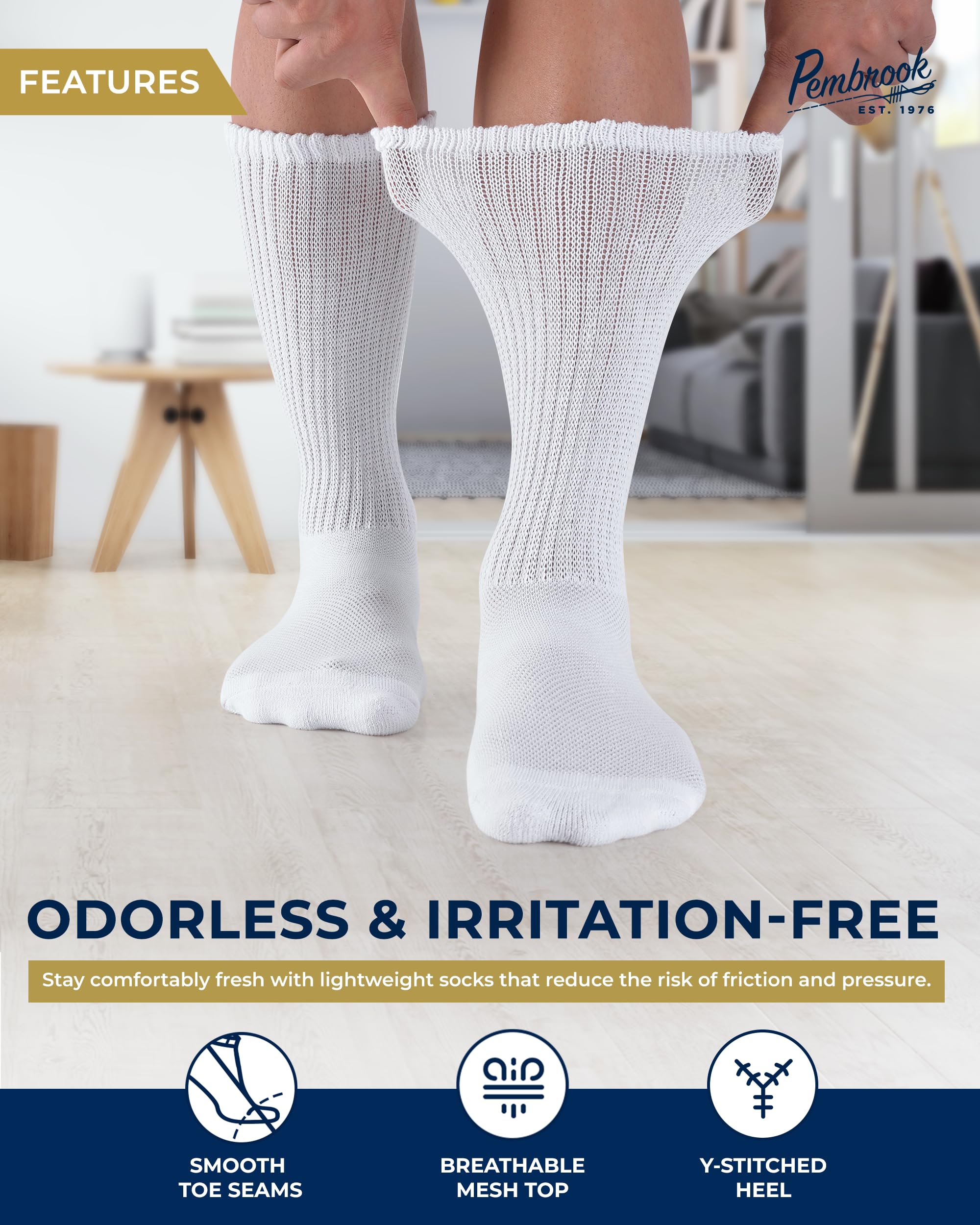 Pembrook diabetic socks feature breathable mesh-top to keep feet dry during activity.