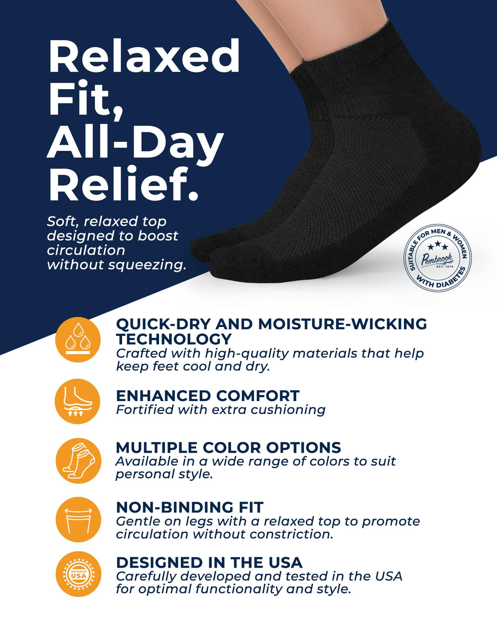 Pembrook diabetic socks with breathable mesh top keep feet dry during wear.