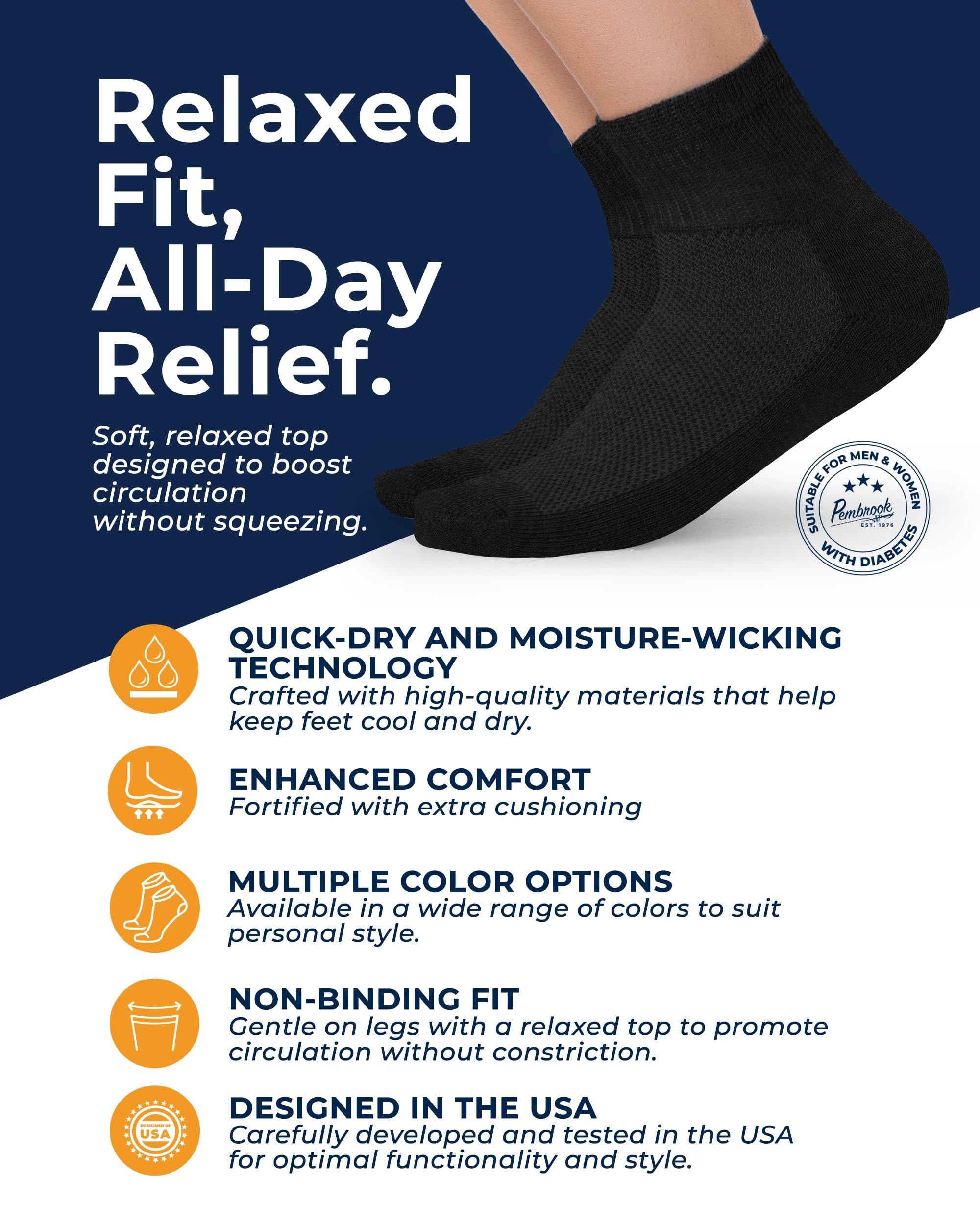 Pembrook diabetic socks with breathable mesh for dry, fresh-feeling feet.