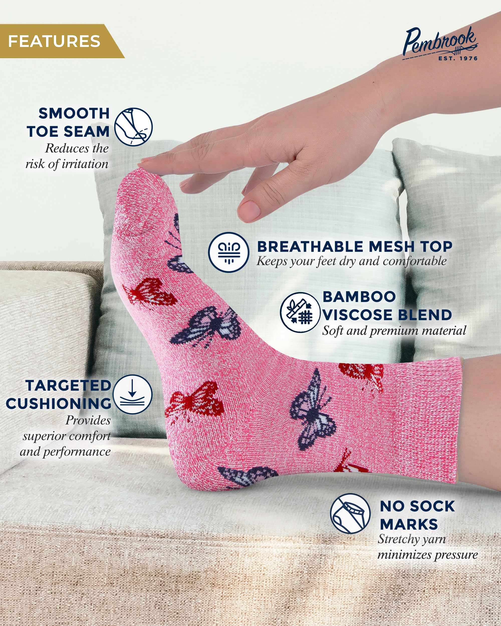 Pembrook diabetic socks with a butterfly pattern in pink for gentle foot support.