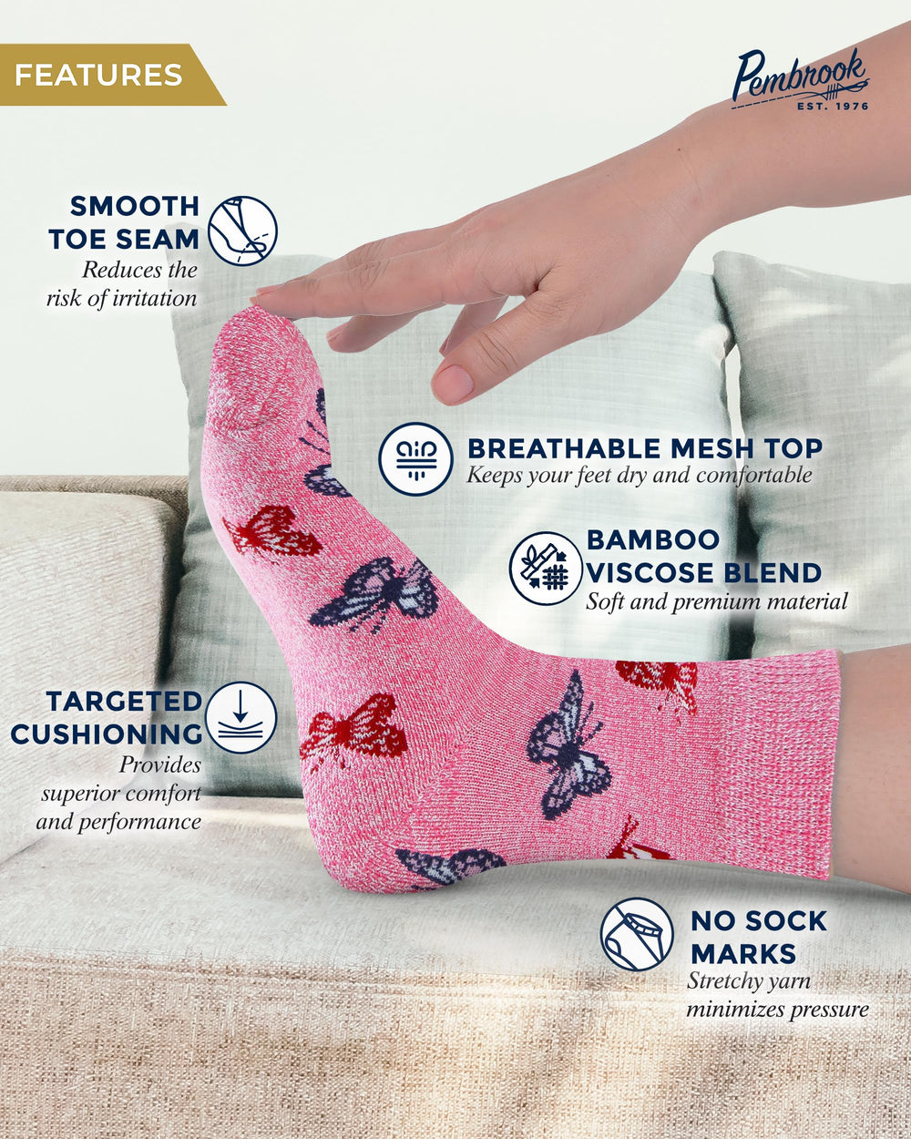 Pembrook diabetic socks with a butterfly pattern in pink for gentle foot support.