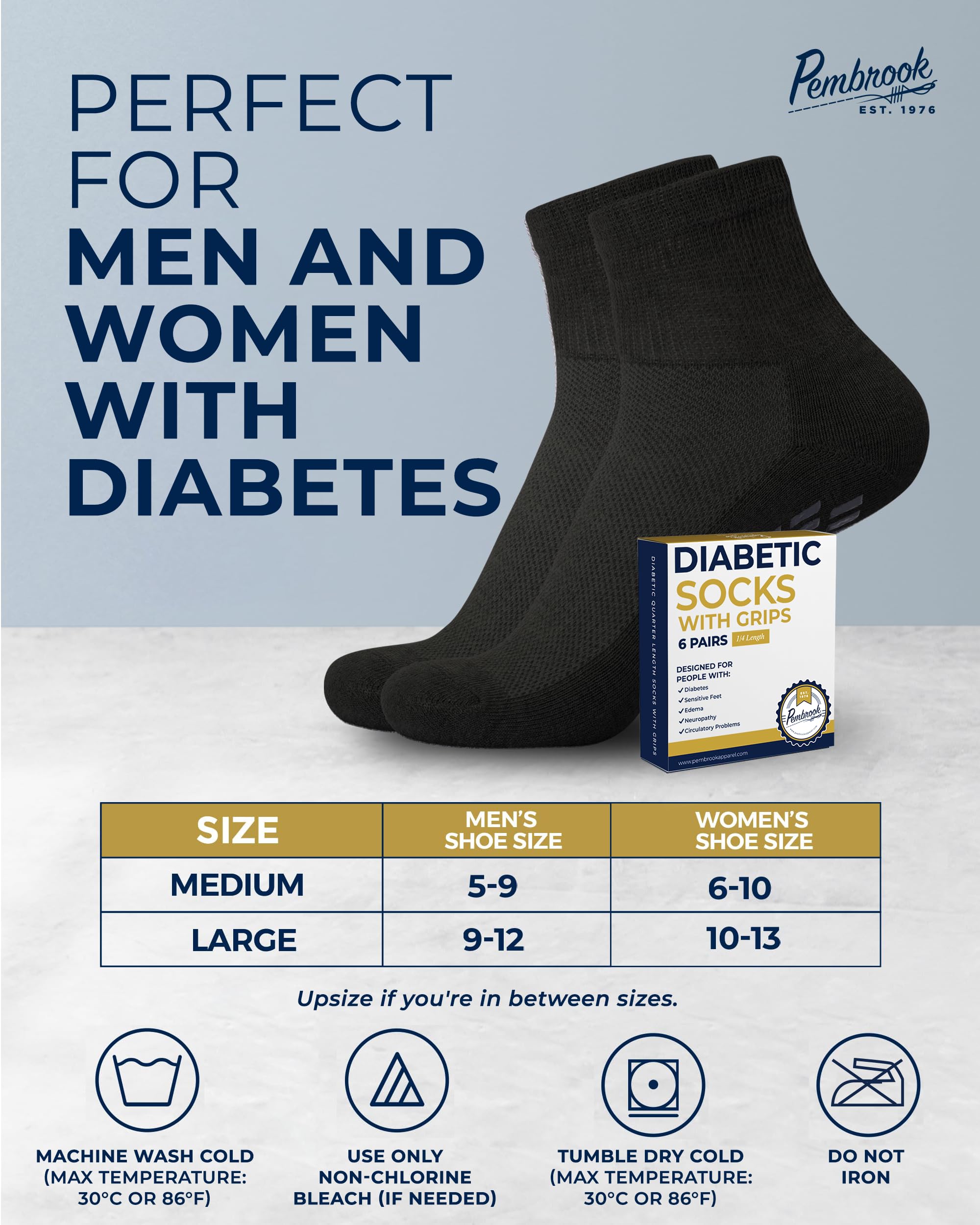 Pembrook diabetic socks machine washable for easy care.