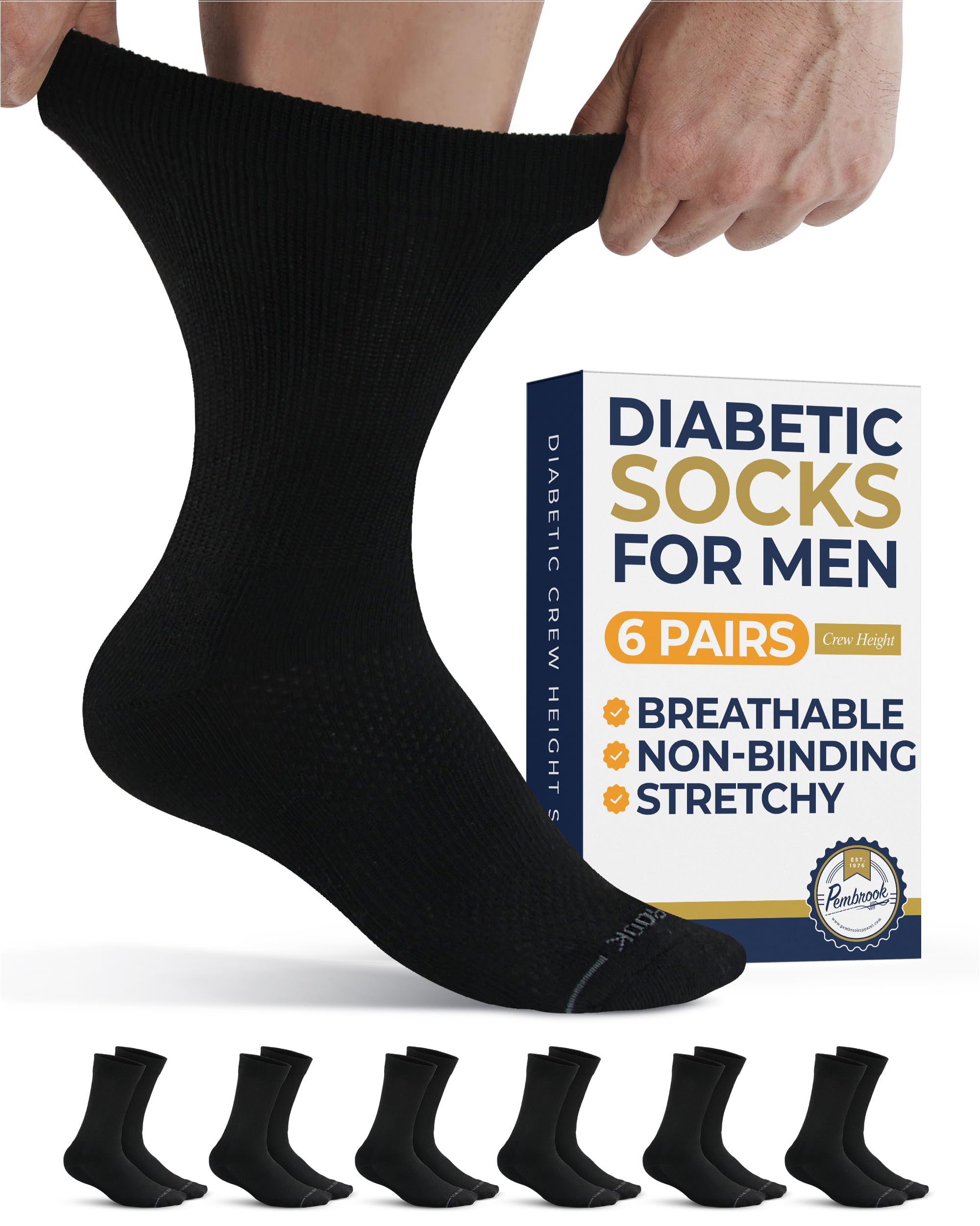 Pembrook diabetic socks for men, black crew style, designed for all-day comfort.