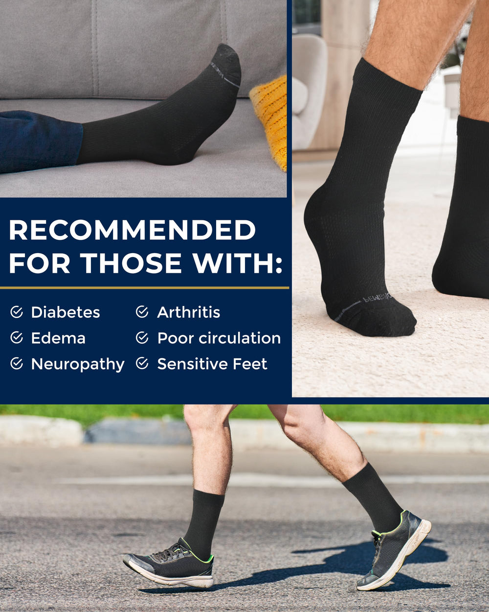 Supportive stretch aids sensitive feet during daily activities.
