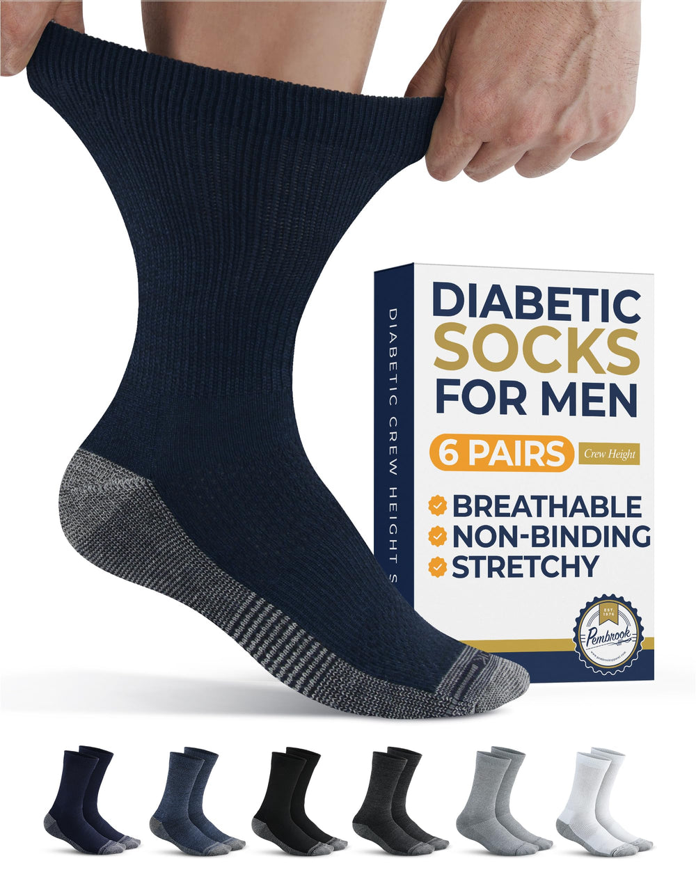 Pembrook diabetic socks for men in black with non-binding, all-day comfort.