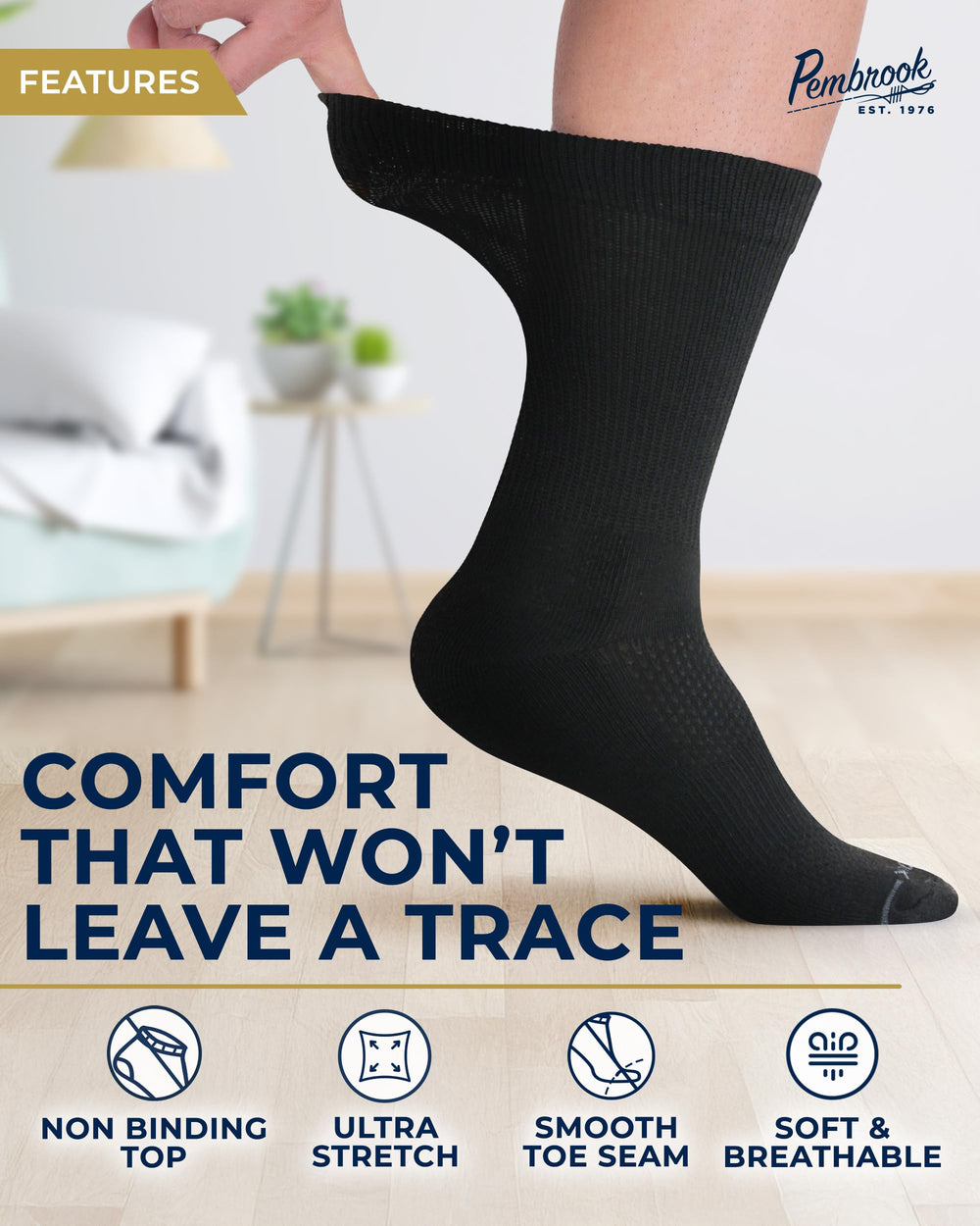 Pembrook diabetic socks for men, side view, non-binding stretch reduces pressure and marks.