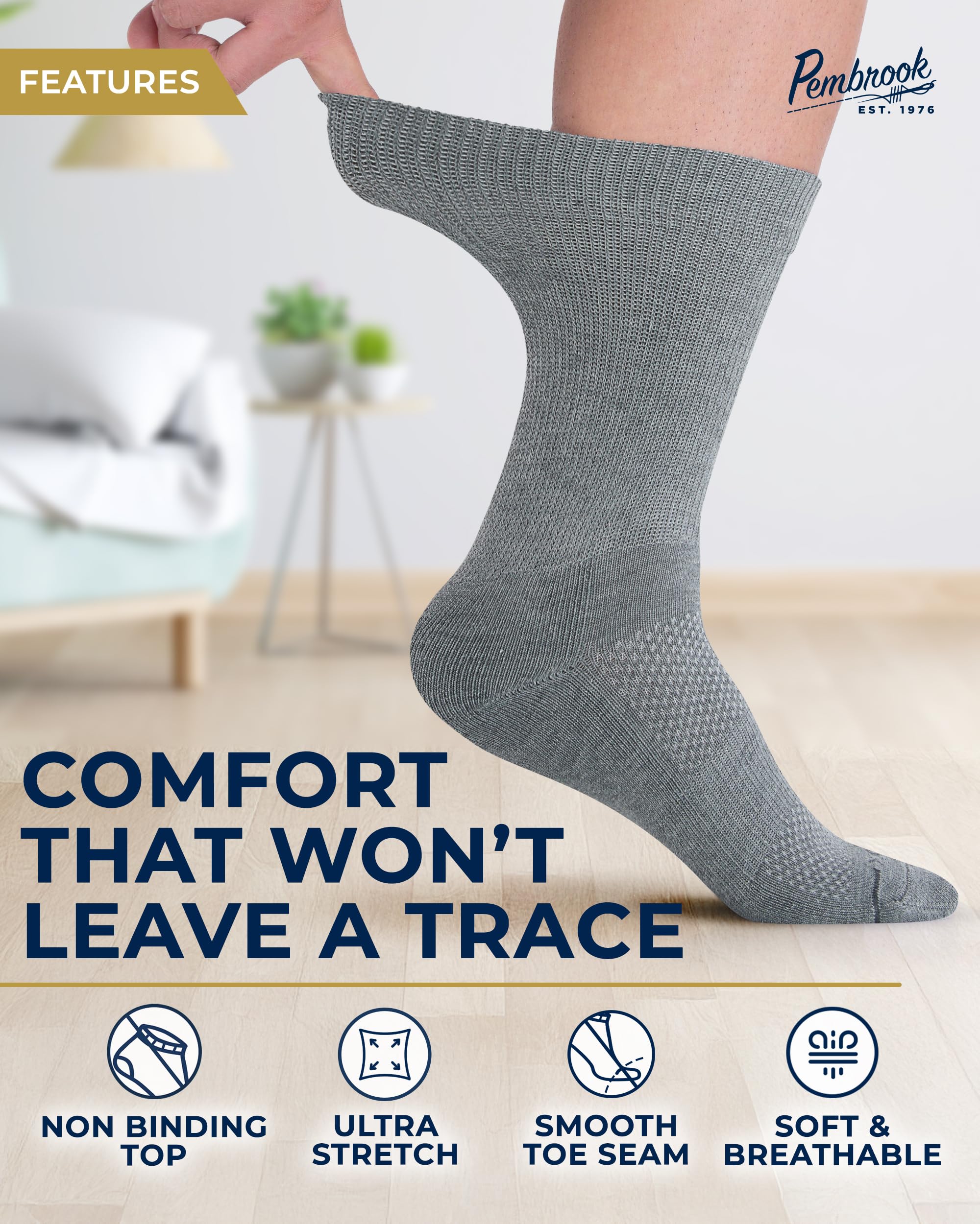 Pembrook men's diabetic socks show non-binding stretch for day-long wear.